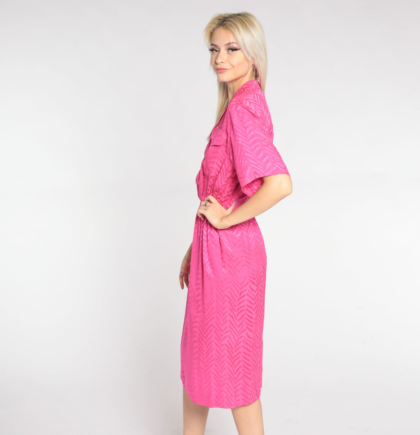 90s Liz Claiborne Hot Pink Silk Midi Dress Embossed Chevron Shirtwaist Small