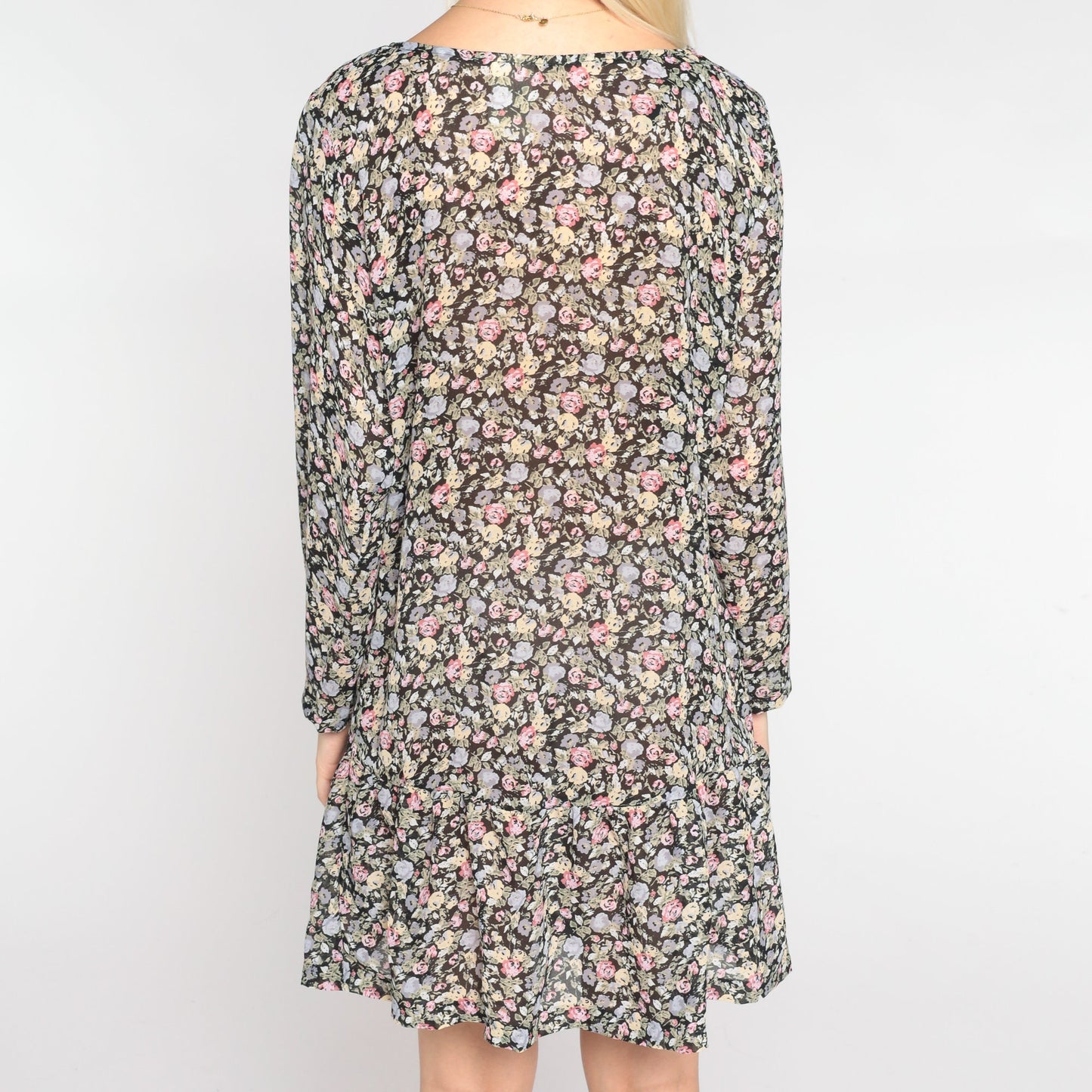90s Floral Button-Up Mini Dress Long Sleeve Drop Waist Ruffled Small S