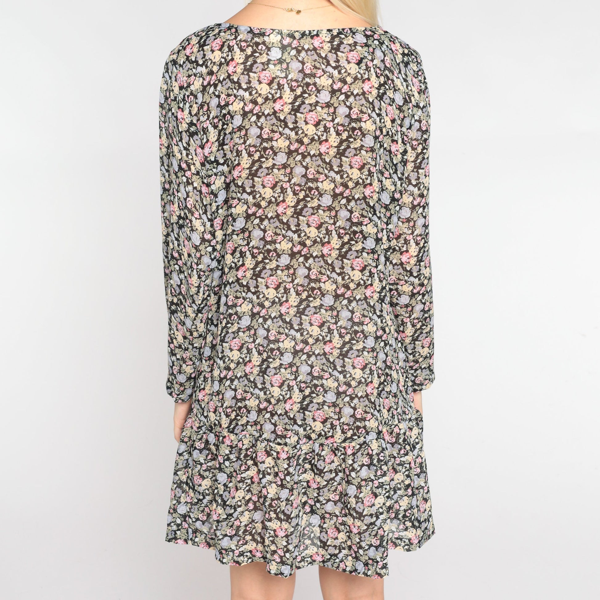 90s Floral Button-Up Mini Dress Long Sleeve Drop Waist Ruffled Small S