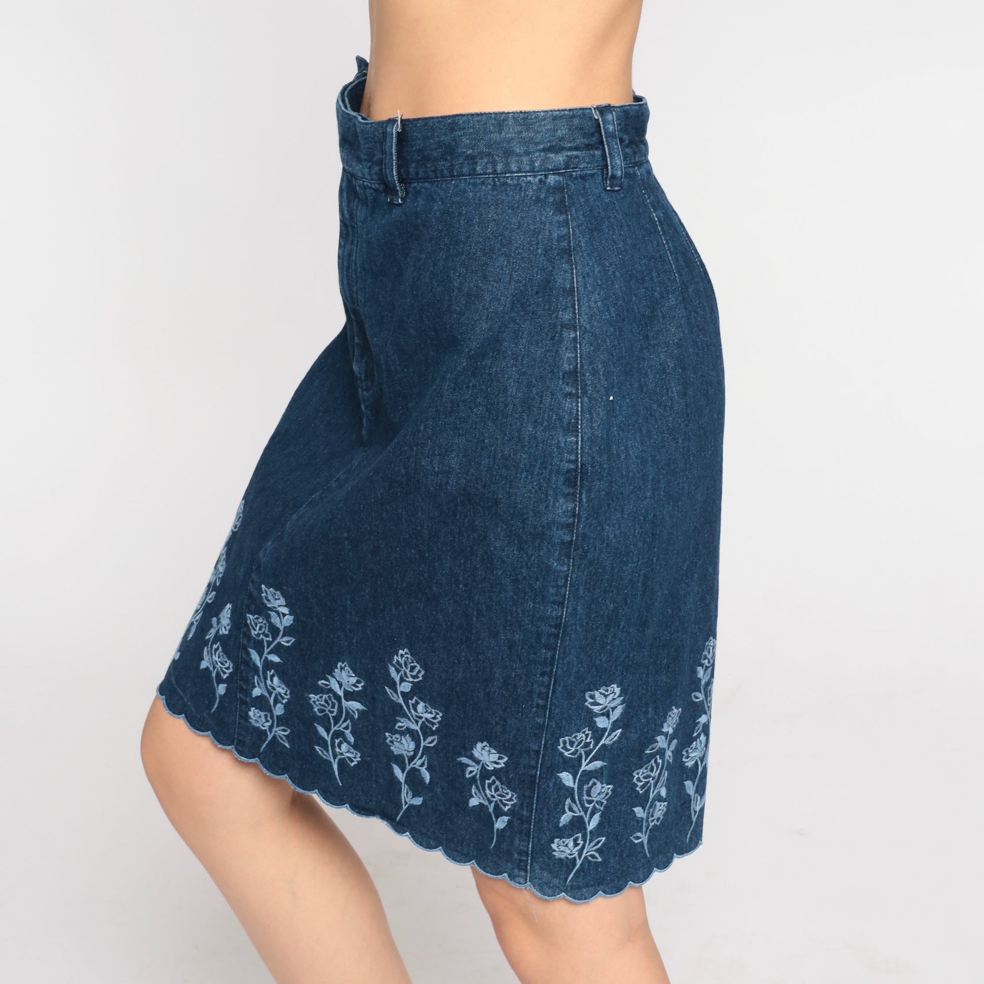 00s Liz Claiborne Floral Embroidered Denim Mini Skirt Dark Blue High Waisted Small