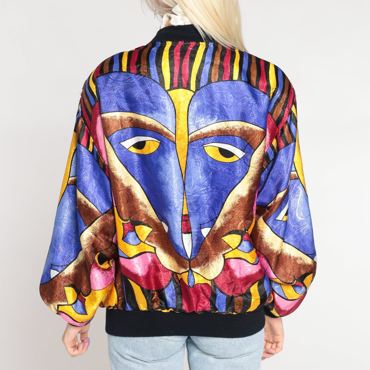 90s Psychedelic Face Print Zip Bomber Jacket Medium Large