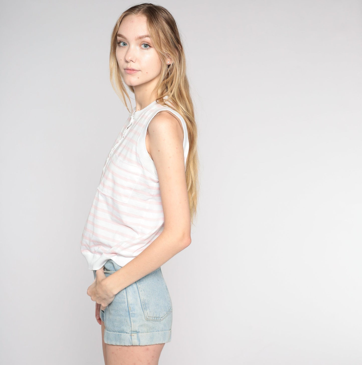 80s Pink White Striped Tank Top Cotton Henley Pocket Small