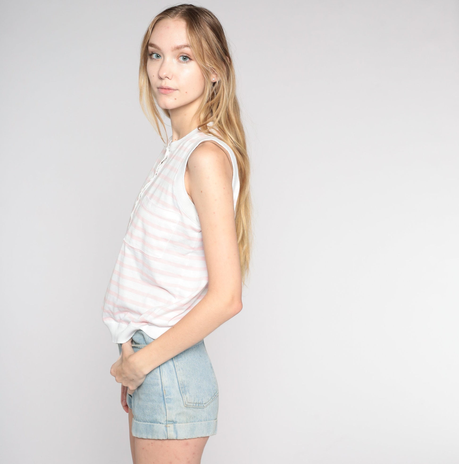 80s Pink White Striped Tank Top Cotton Henley Pocket Small