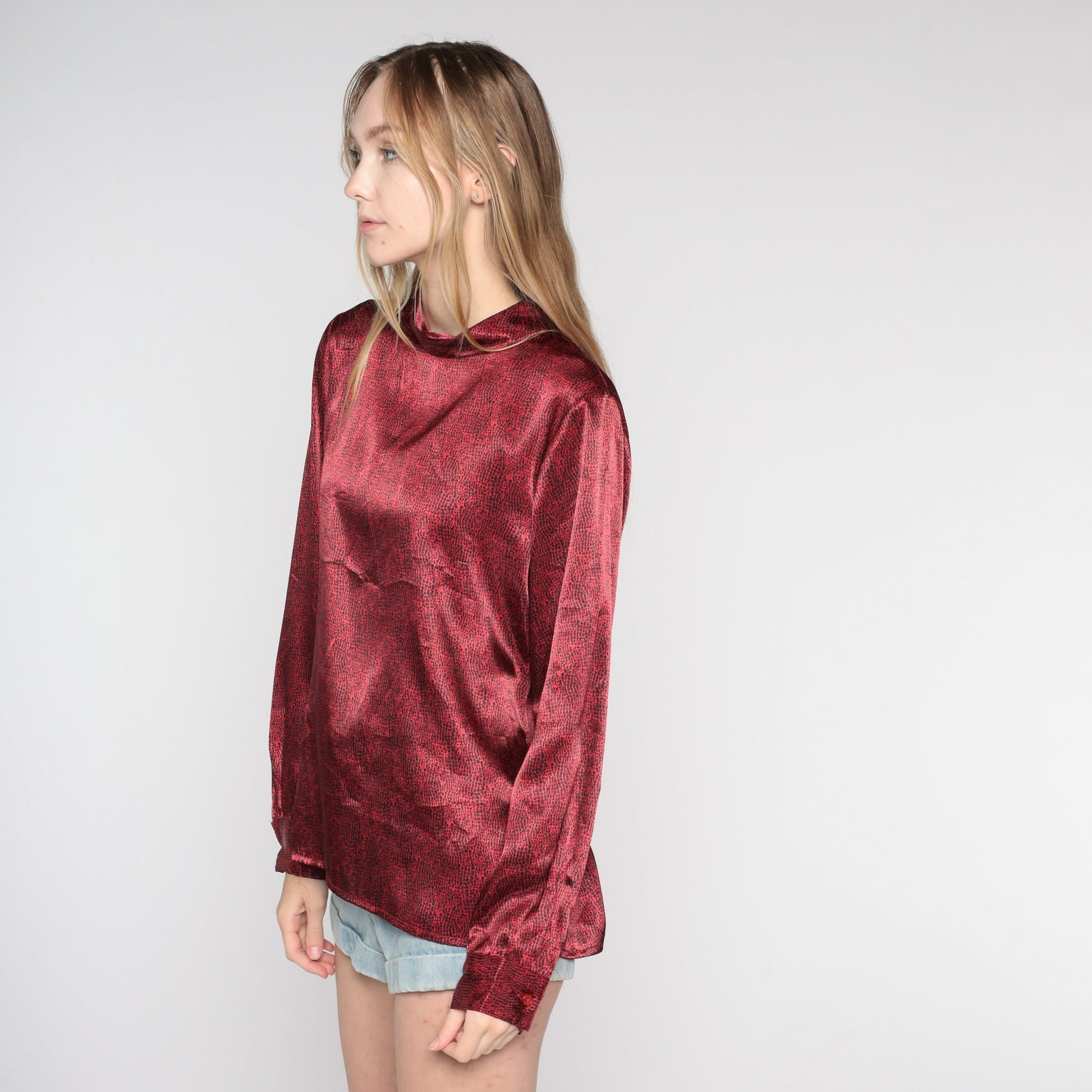 Y2K Dark Red Abstract Dot Print Long Sleeve Blouse Mock Neck Medium 8