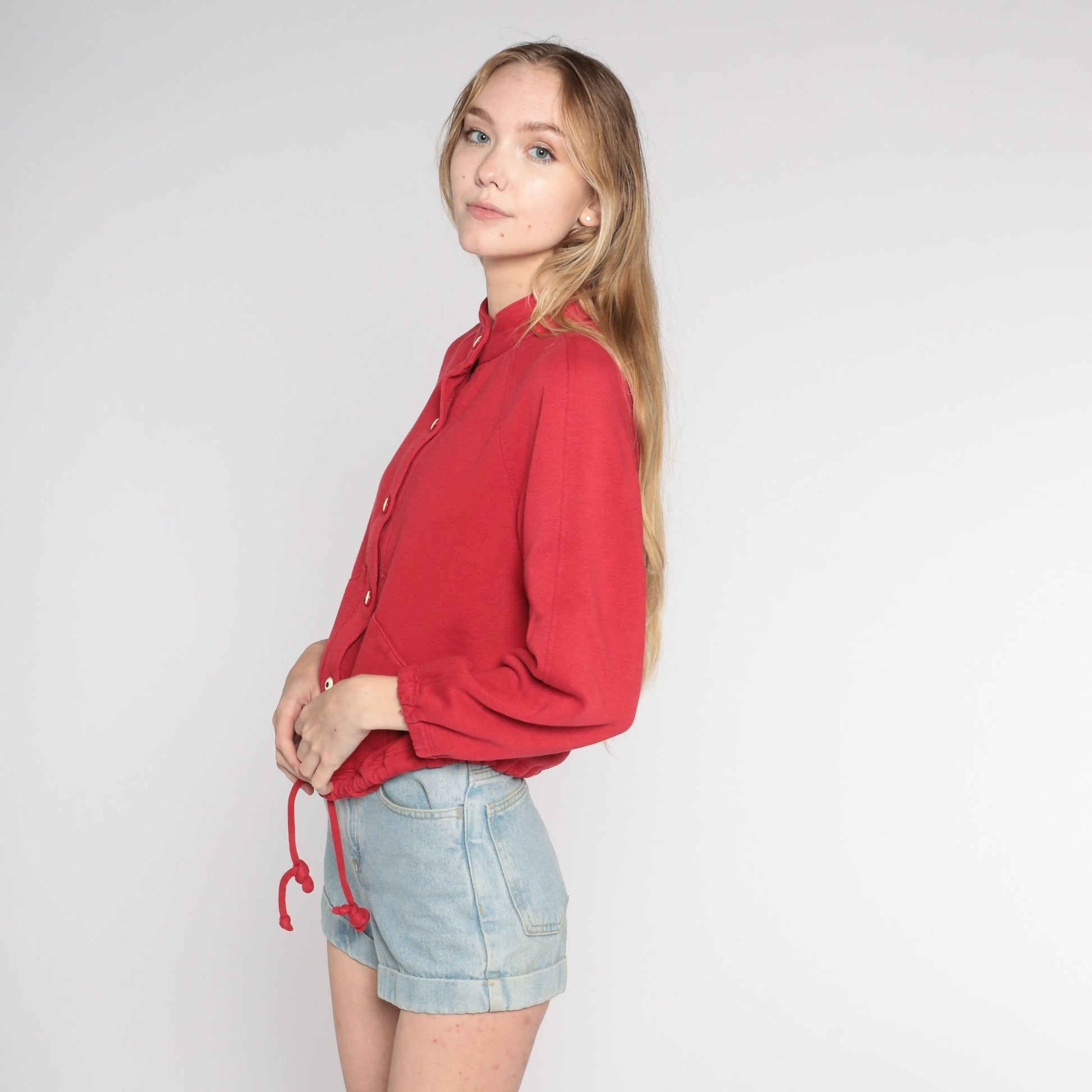 90s Red Cardigan Sweatshirt High Neck Raglan Button Up Small S
