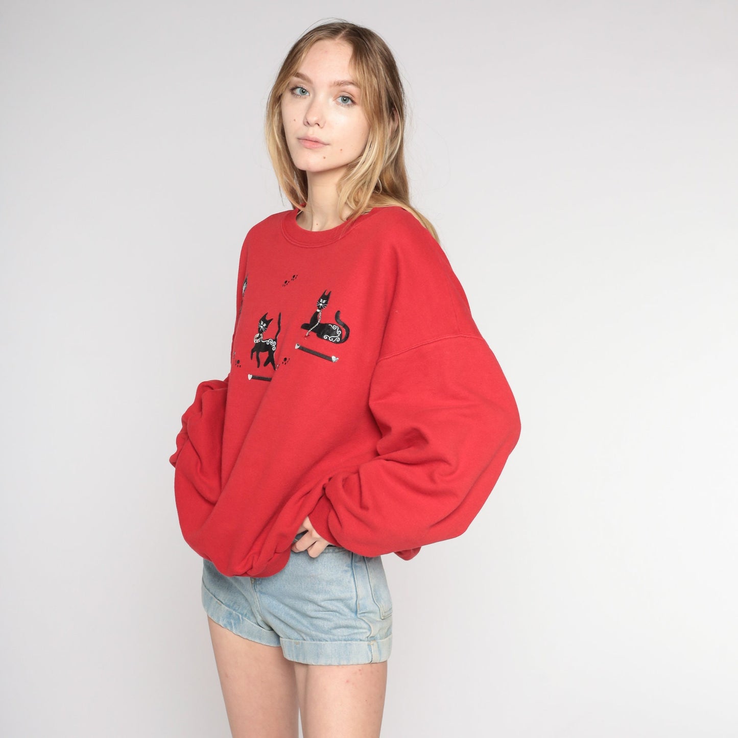 90s Black Cat Rhinestone Red Sweatshirt Plus Size XXL Beaded Paw Print