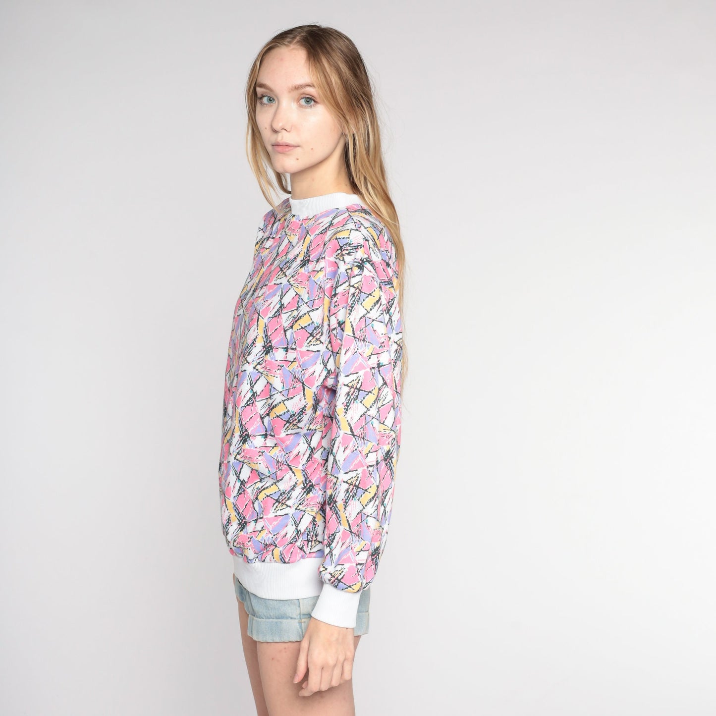80s Abstract Print Crewneck Sweatshirt Multicolor Pullover Medium M