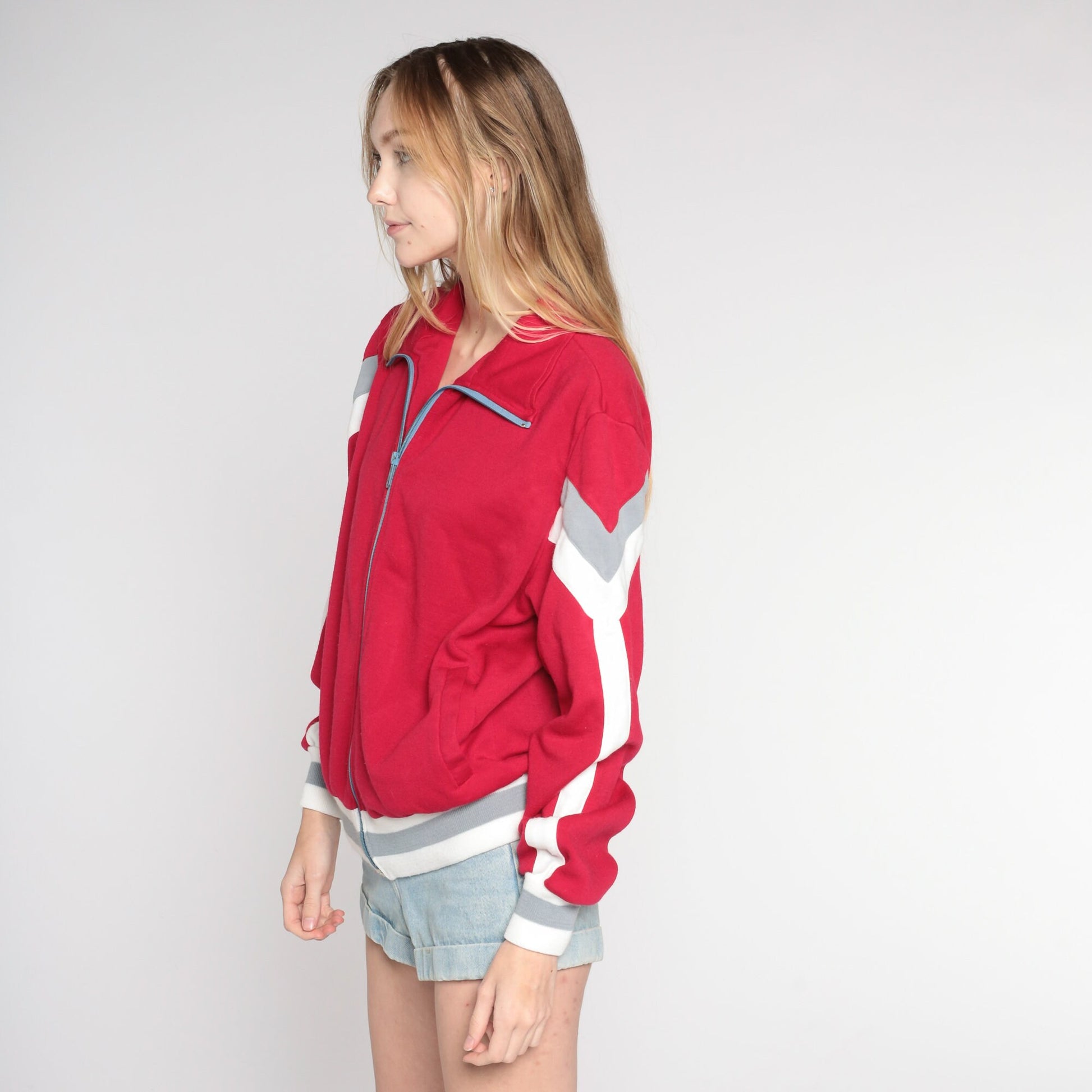 80s Red Striped Track Jacket White Stagg Zip Up Bomber Large L