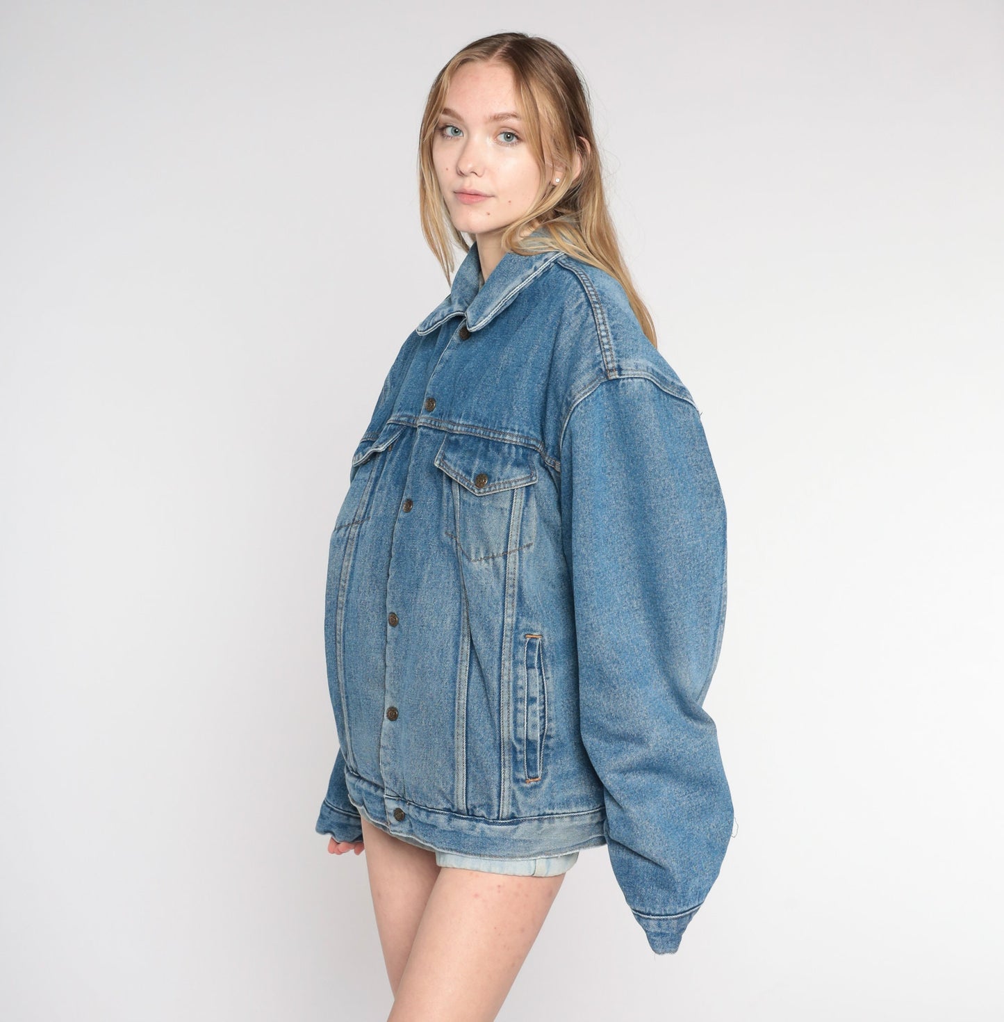 90s Blue Denim Shearling Jacket Faux Sherpa Lined Button Up Extra Large