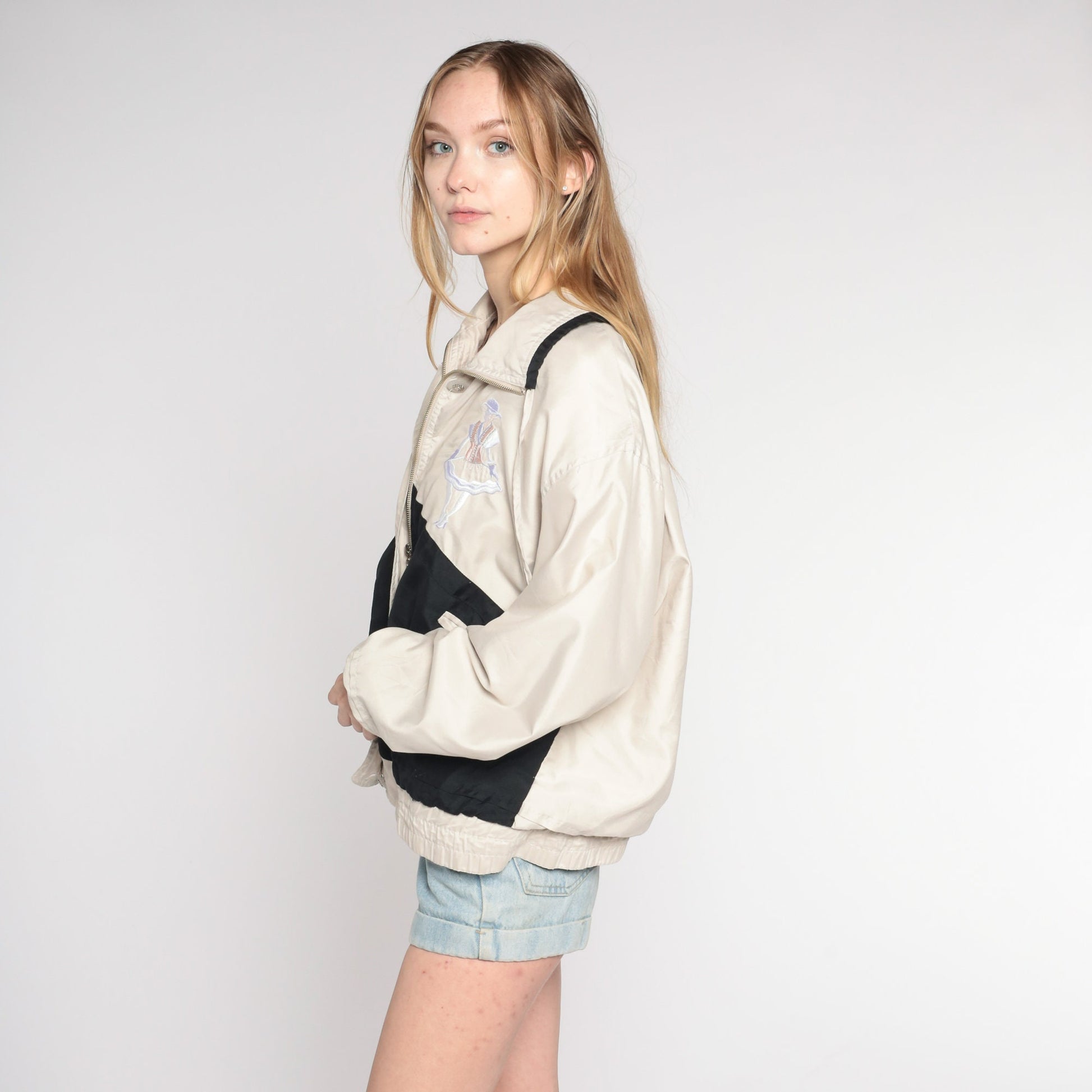 00s Windbreaker Beige Black Color Block Embroidered Ladies Zip Jacket Large L