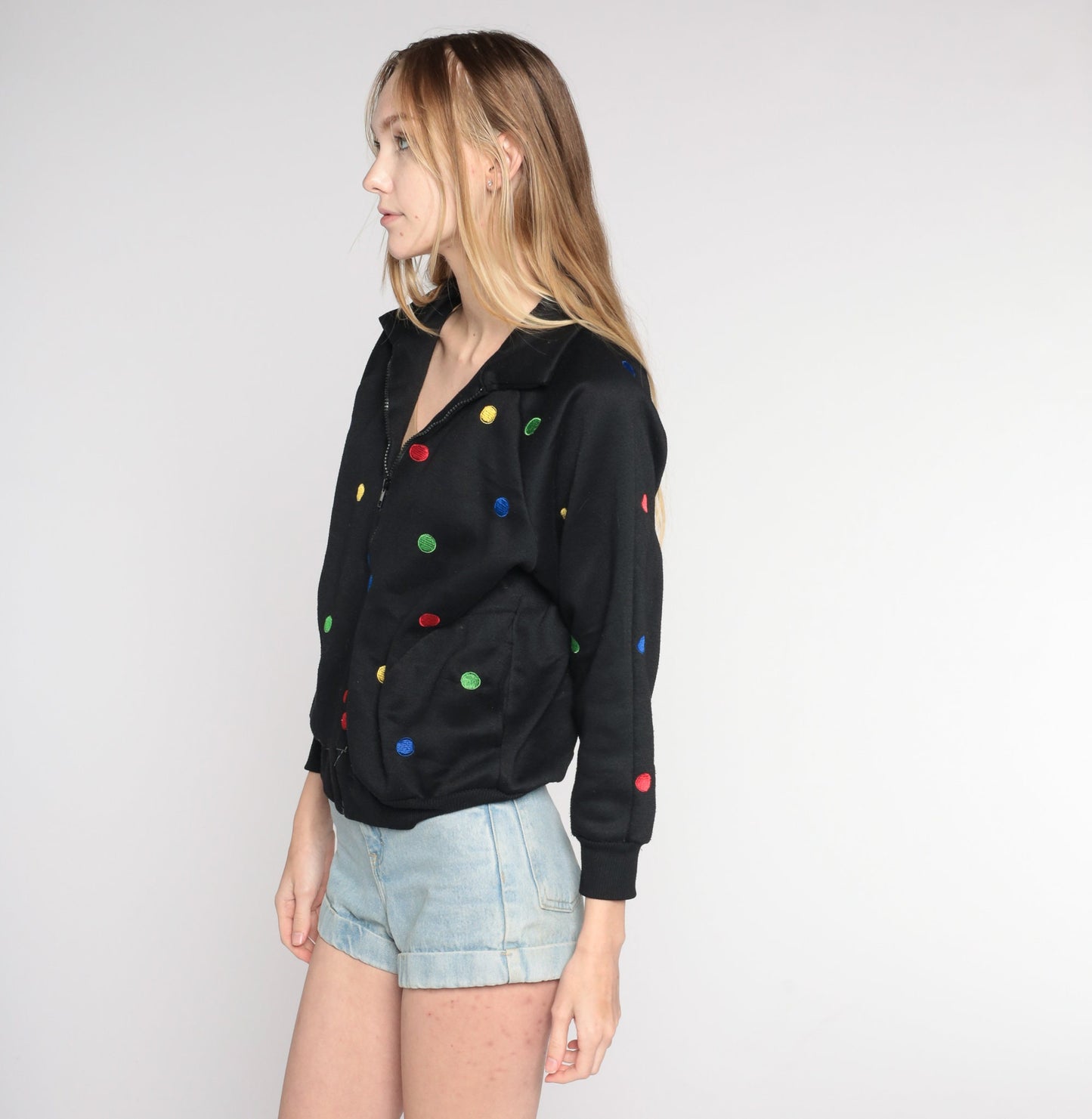Y2K Black Polka Dot Zip-Up Windbreaker Jacket Small S
