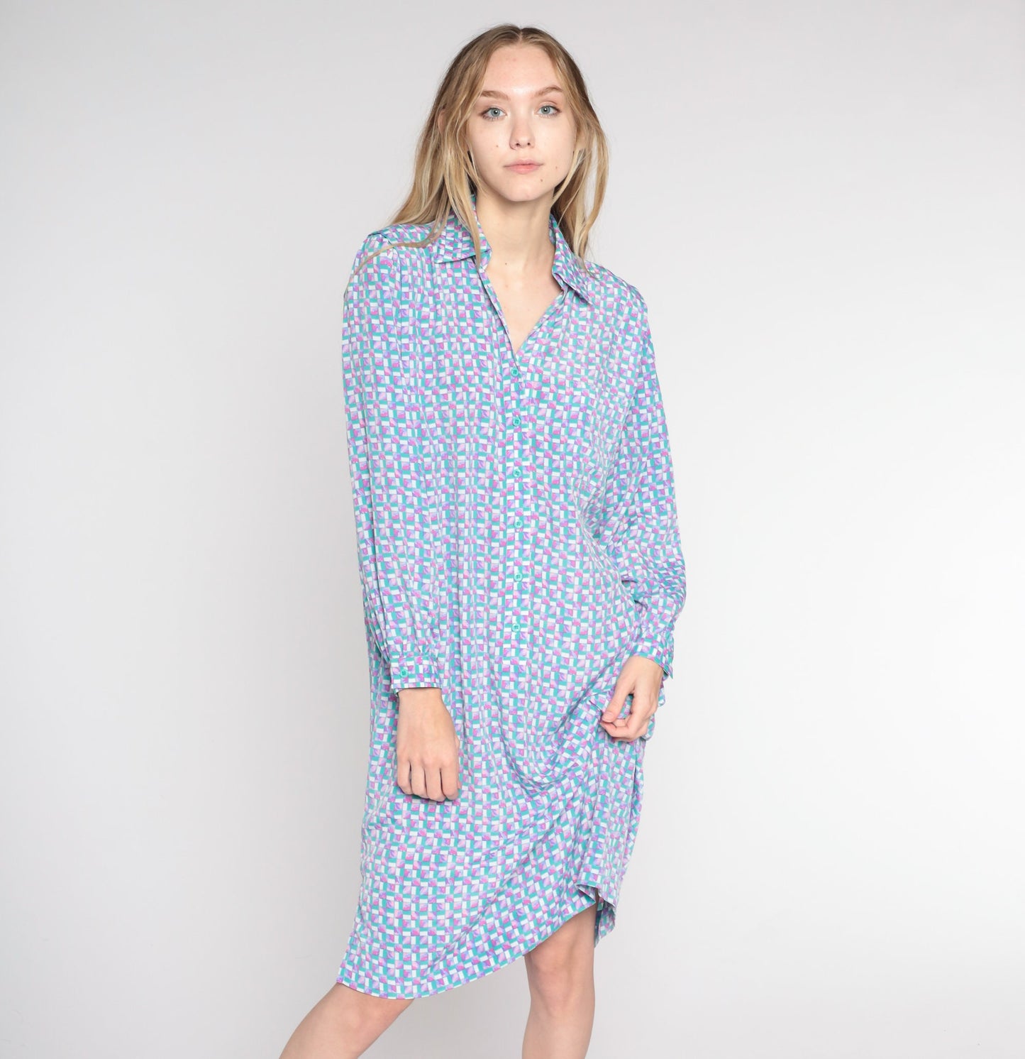 90s Checkered Button-Up Shirtdress Green Pink Knee Length Large