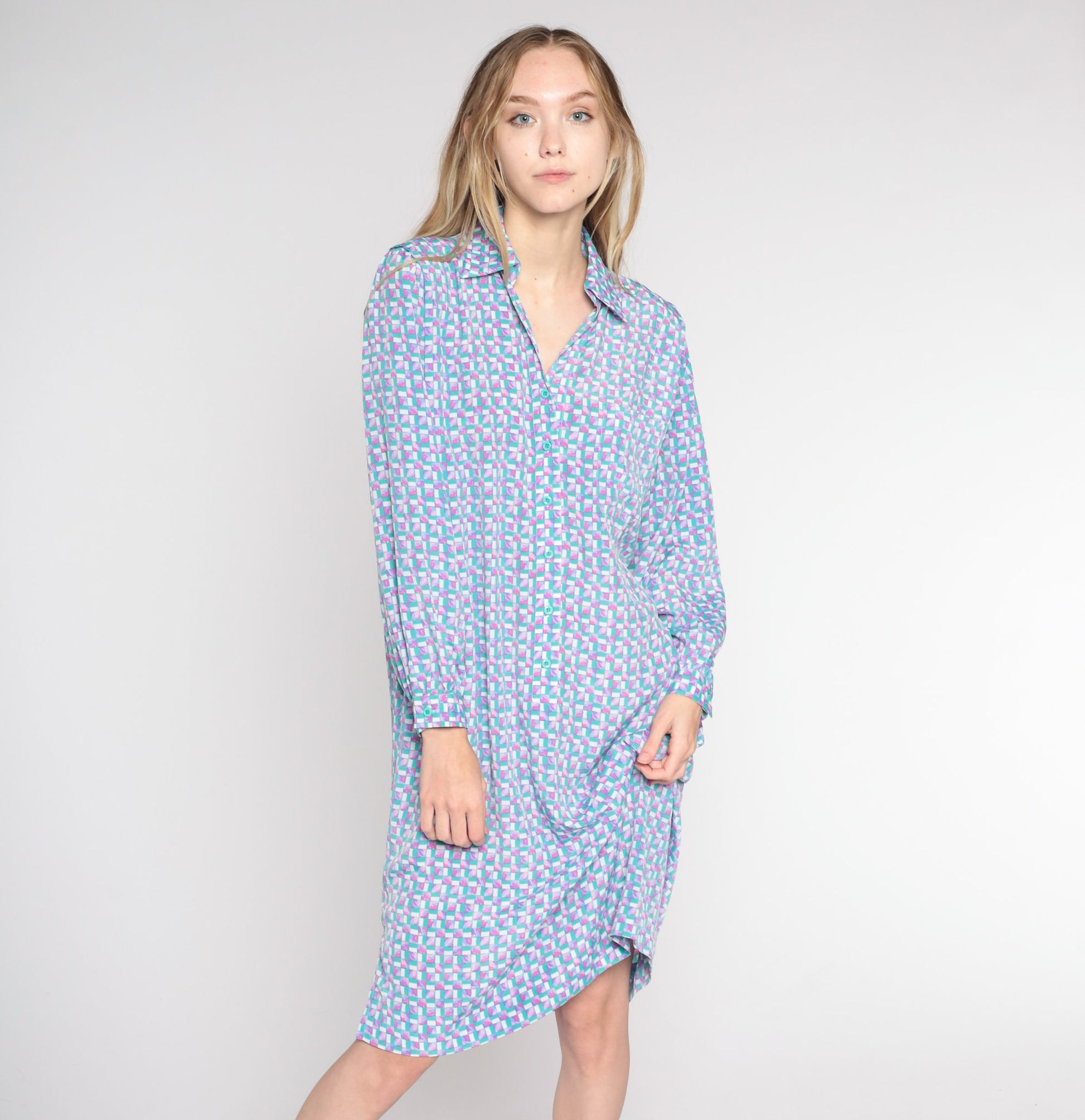 90s Checkered Button-Up Shirtdress Green Pink Knee Length Large
