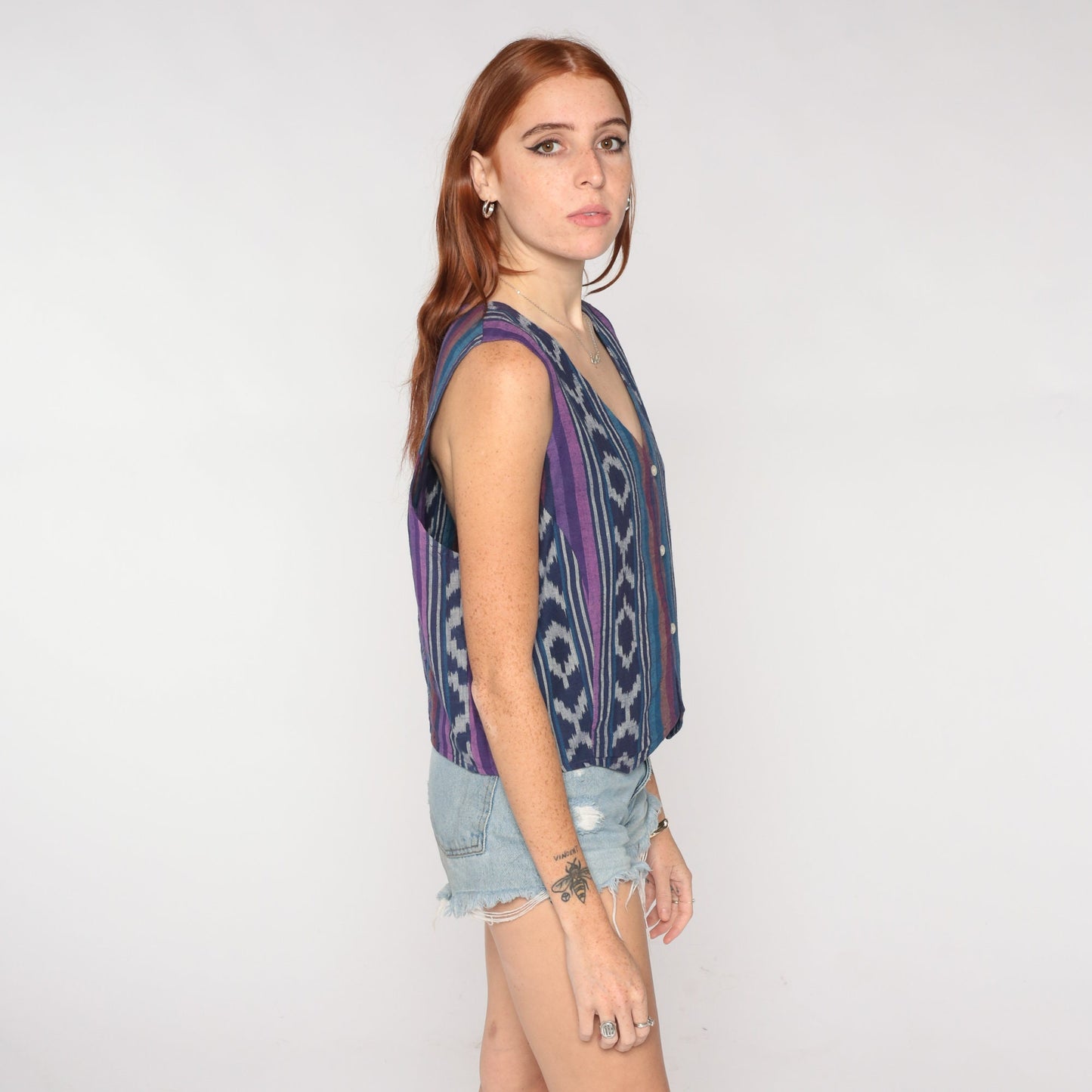 90s Blue Ikat Striped Button-Up Vest Cotton Sleeveless Top Medium