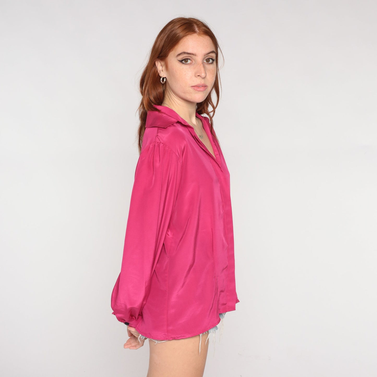 80s Fuchsia Puff Sleeve Blouse Hidden Button Up Shirt Large L
