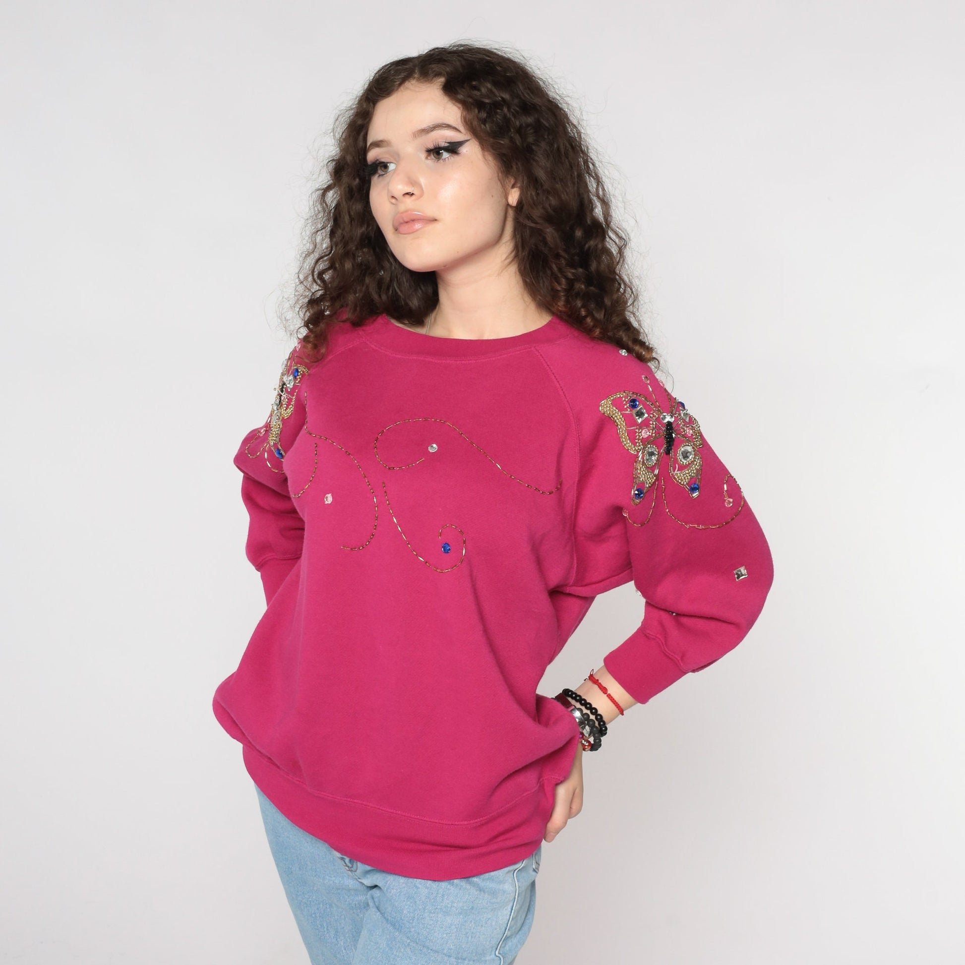 90s Beaded Butterfly Sweatshirt Fuchsia Pink Raglan Gem Embellished Small