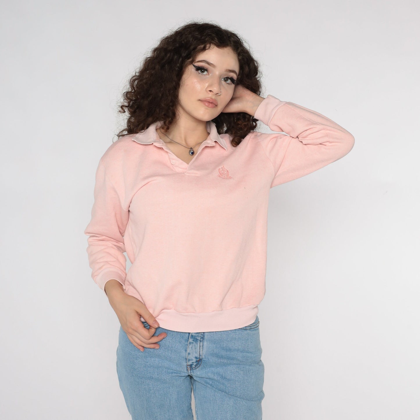 80s Anchor Crest Polo Sweatshirt Baby Pink Nautical Button Neck Small