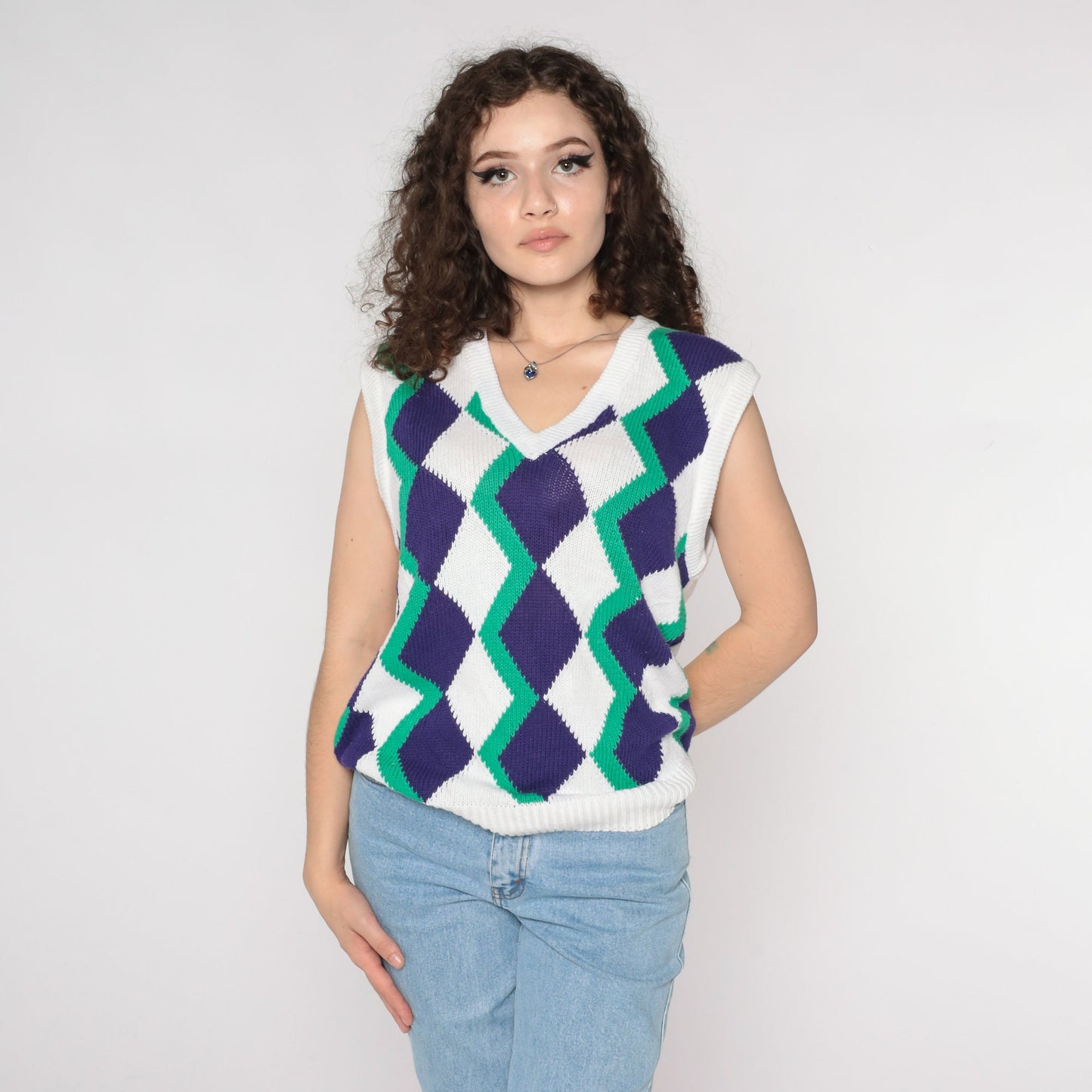 90s Geometric Diamond Sweater Vest White V-Neck Sleeveless Knit Large