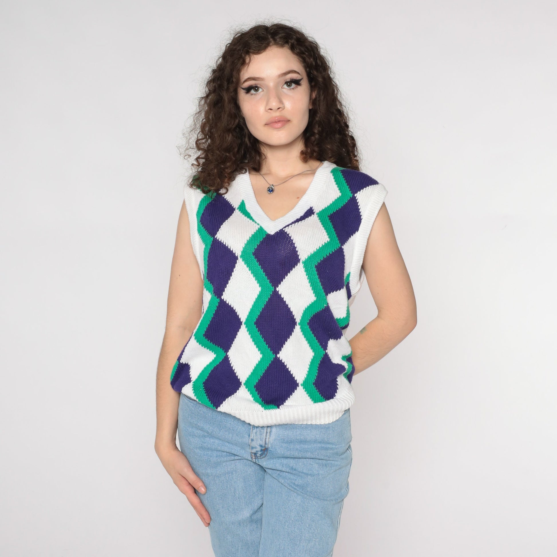 90s Geometric Diamond Sweater Vest White V-Neck Sleeveless Knit Large