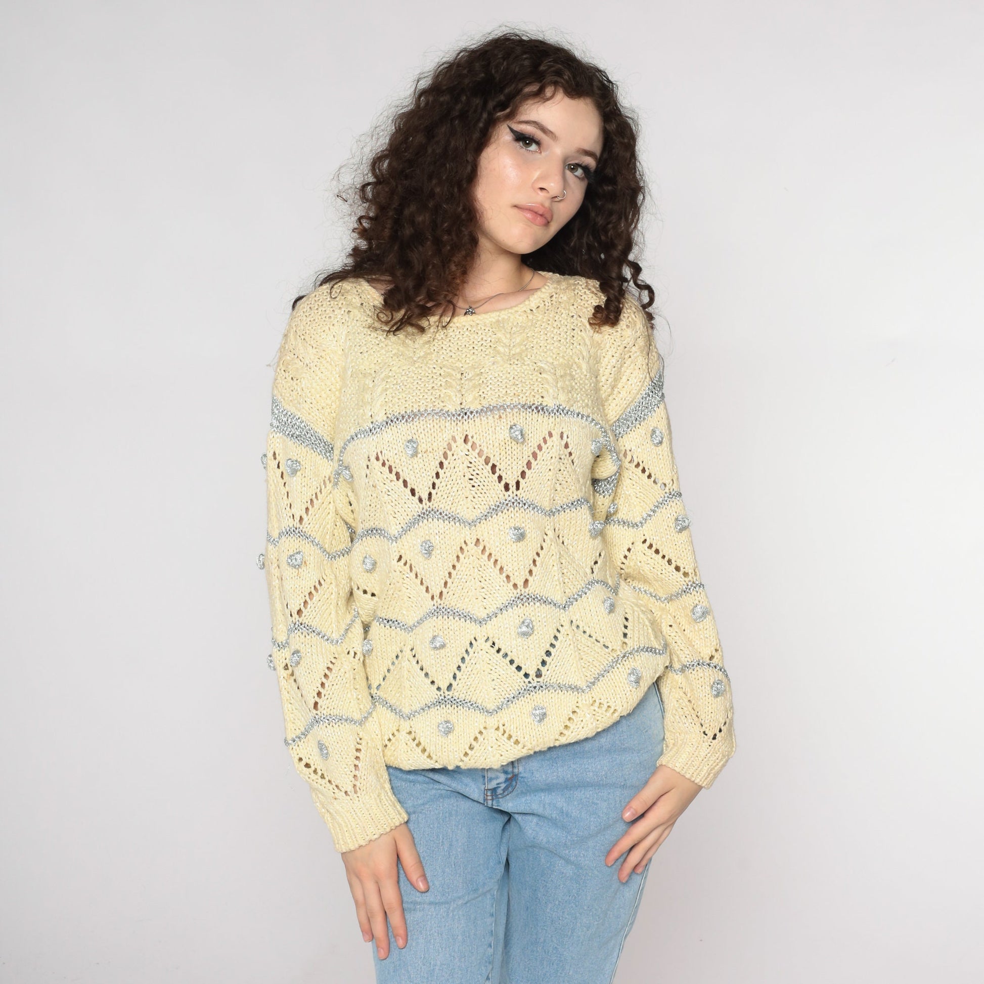 80s Metallic Cream Sweater Silver Sheer Pointelle Knit Cable Medium