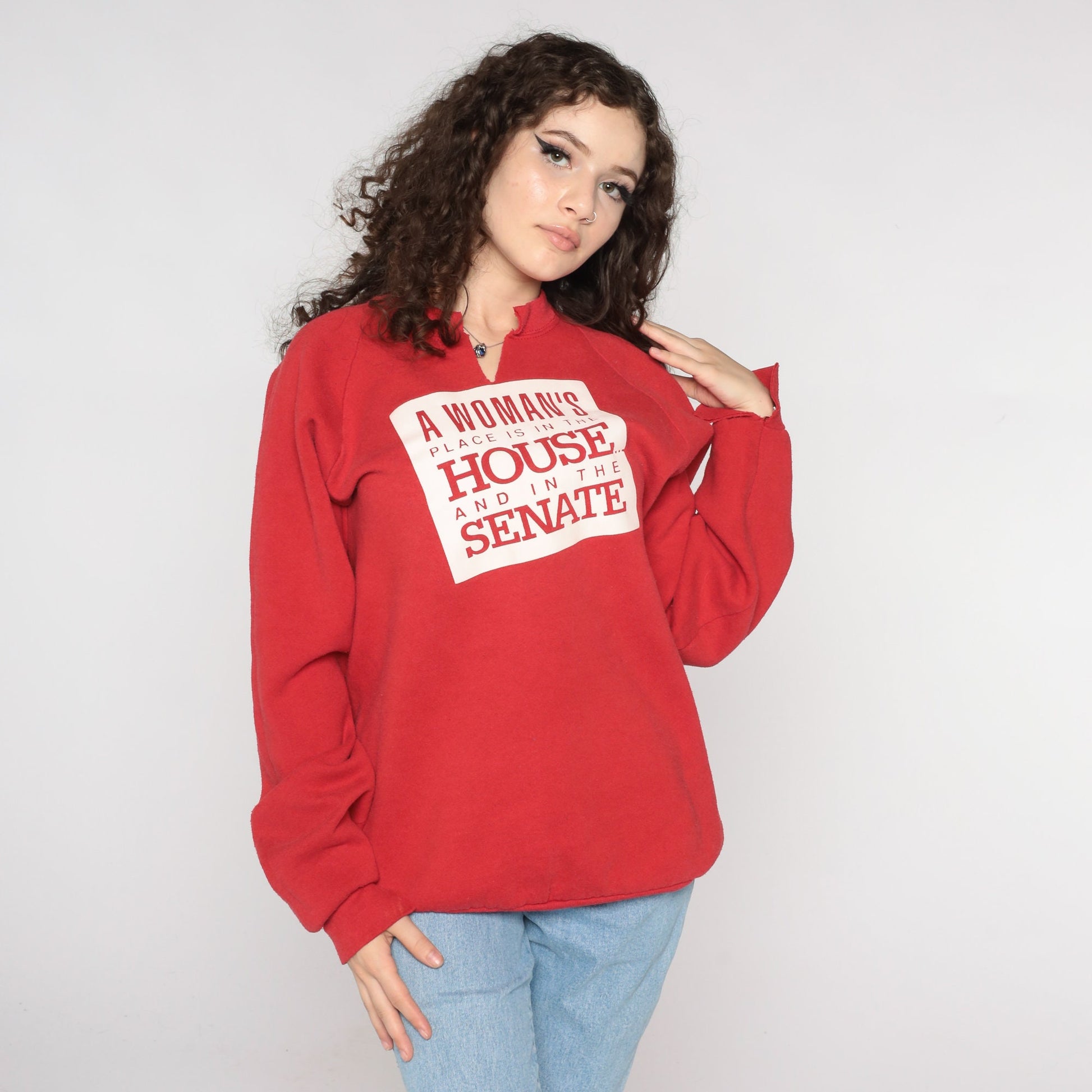 90s A Woman's Place Feminist Political Sweatshirt Josie Heath Red Raglan Extra Large XXL