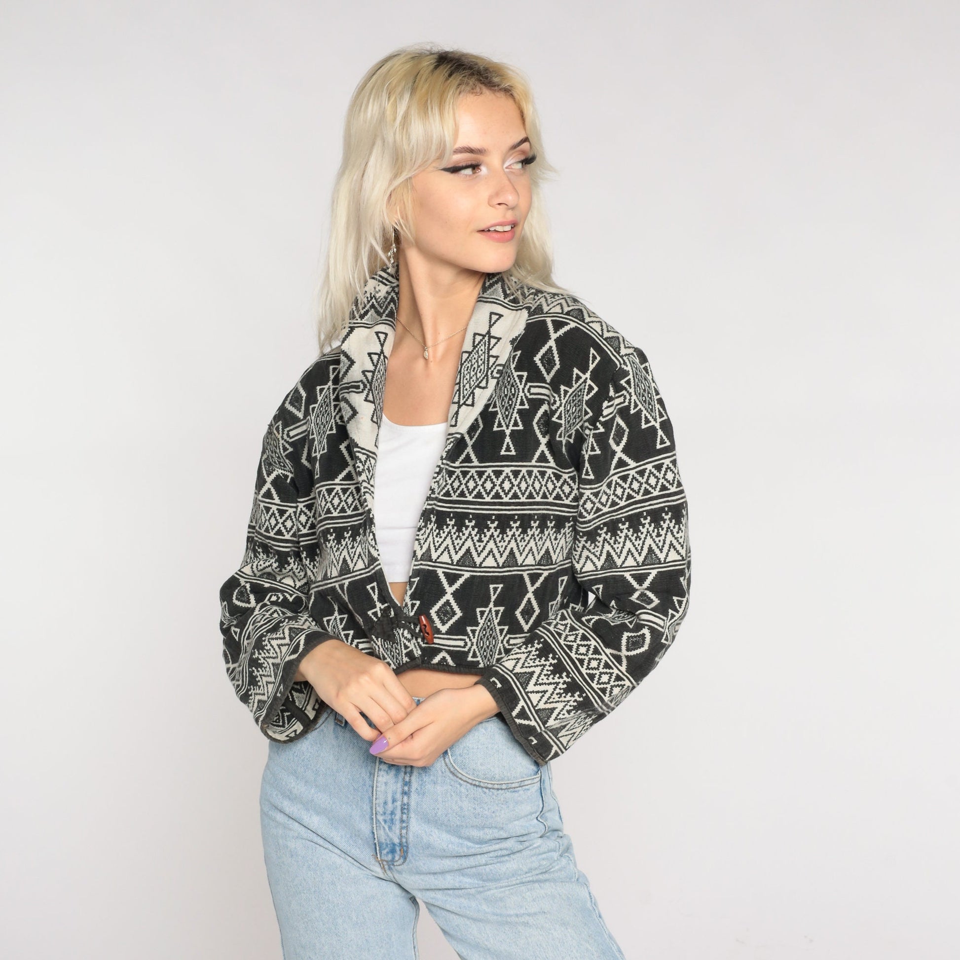 90s Southwest Tapestry Blazer Black Off-White Cropped Button Jacket Medium