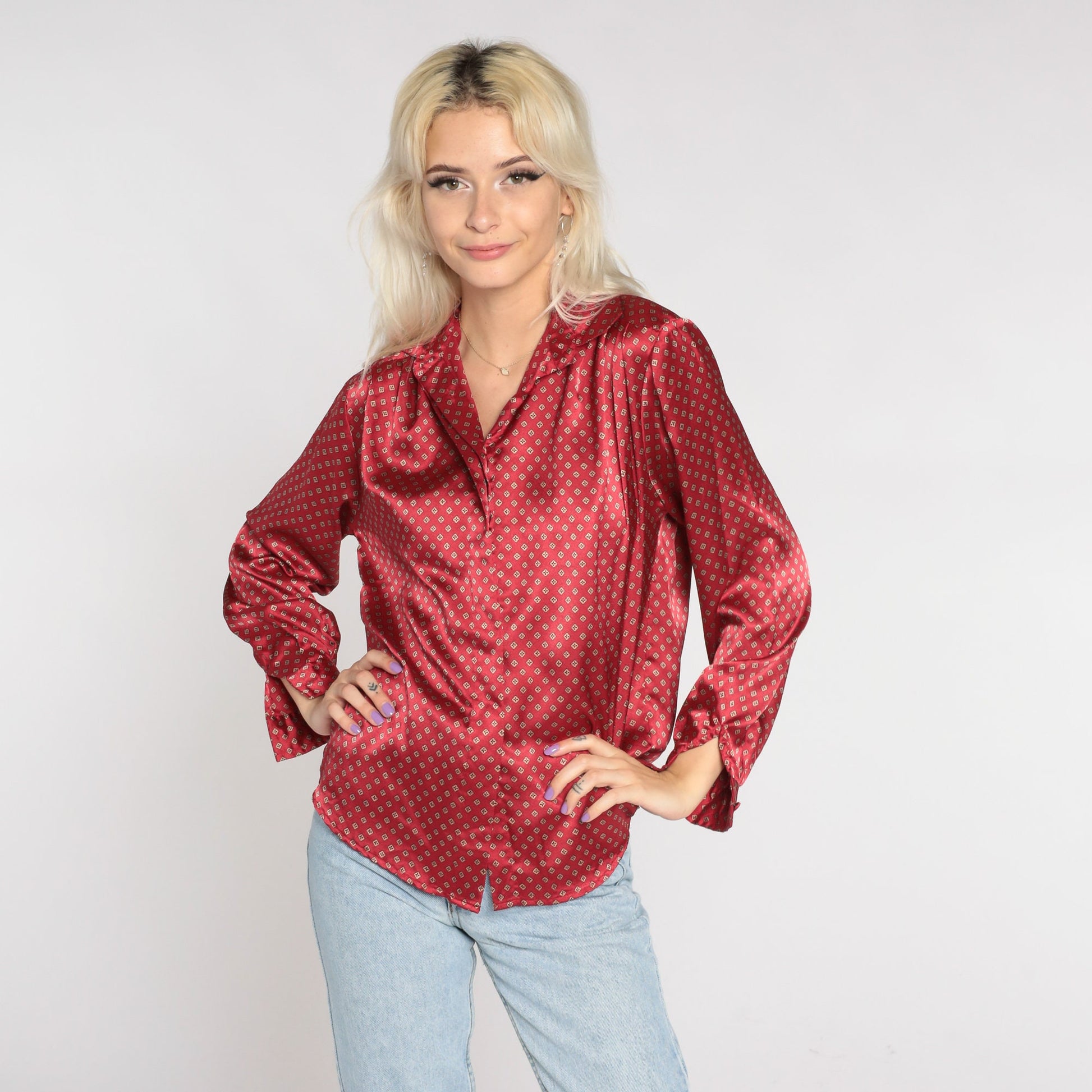 90s Red Satin Geometric Button-Up Blouse Long Sleeve Small