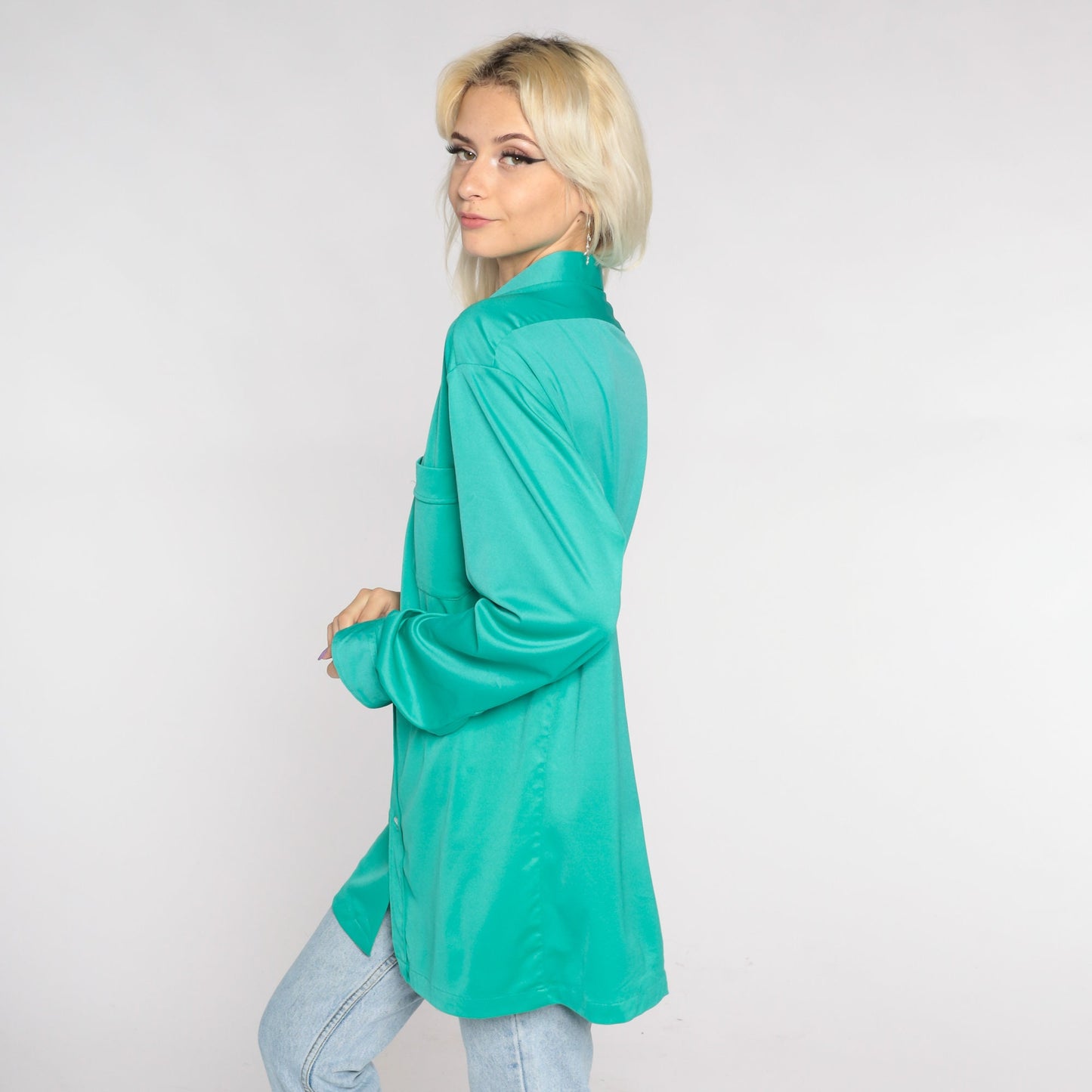 70s Green Dagger Collar Button-Up Shirt Long Sleeve Oxford Extra Large