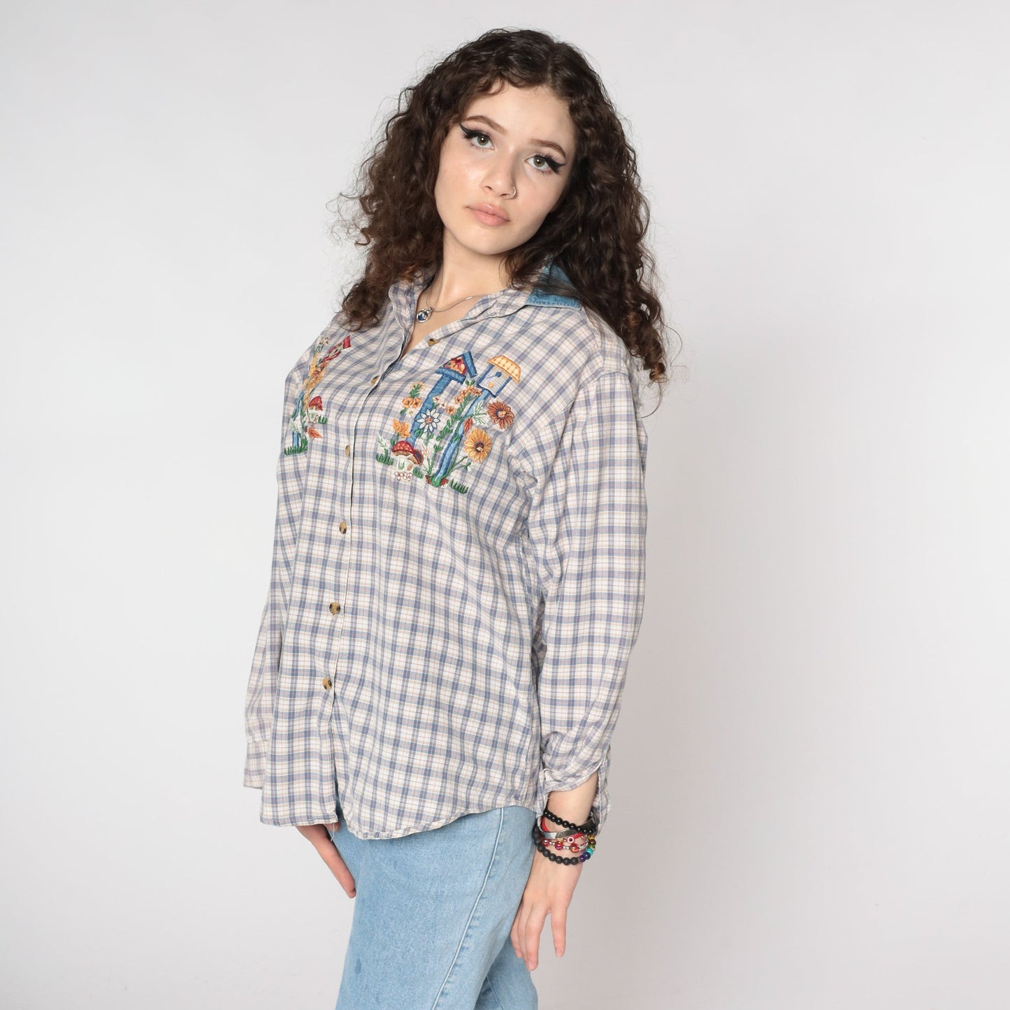 90s Plaid Floral Mushroom Embroidered Button Up Blouse Denim Collar Medium