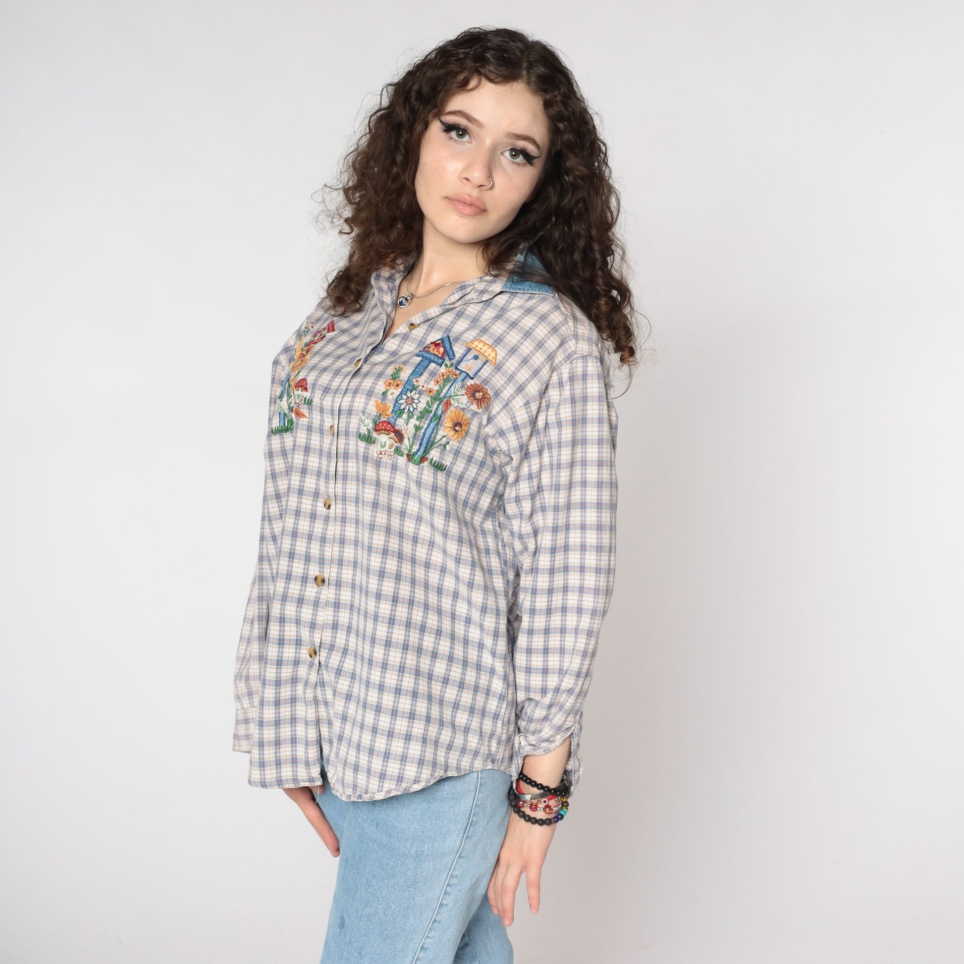 90s Plaid Floral Mushroom Embroidered Button Up Blouse Denim Collar Medium