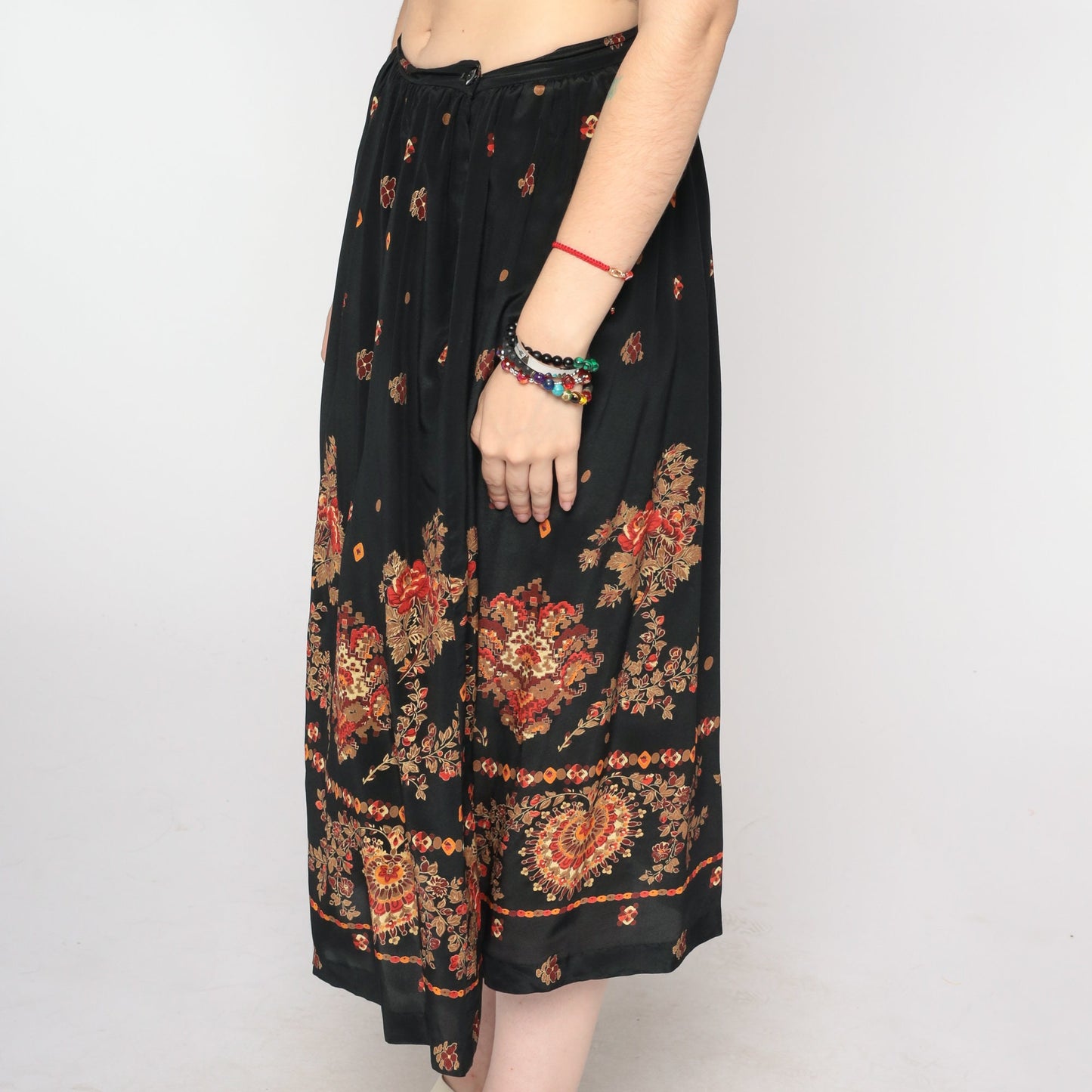 90s Black Silk Floral Midi Skirt High Waist Small 6