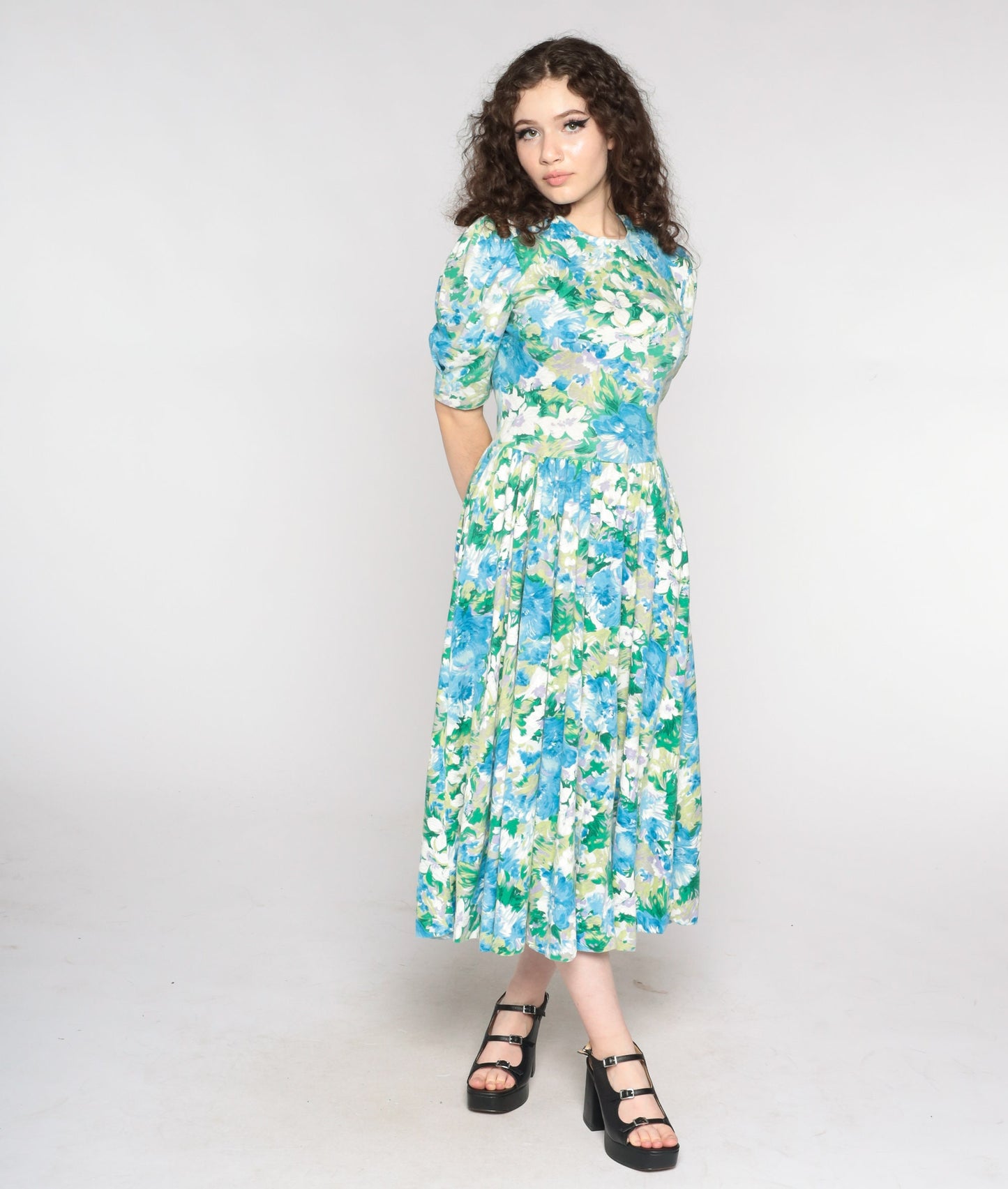 80s Floral Midi Dress Puff Sleeve Blue Green Watercolor Print Small Medium
