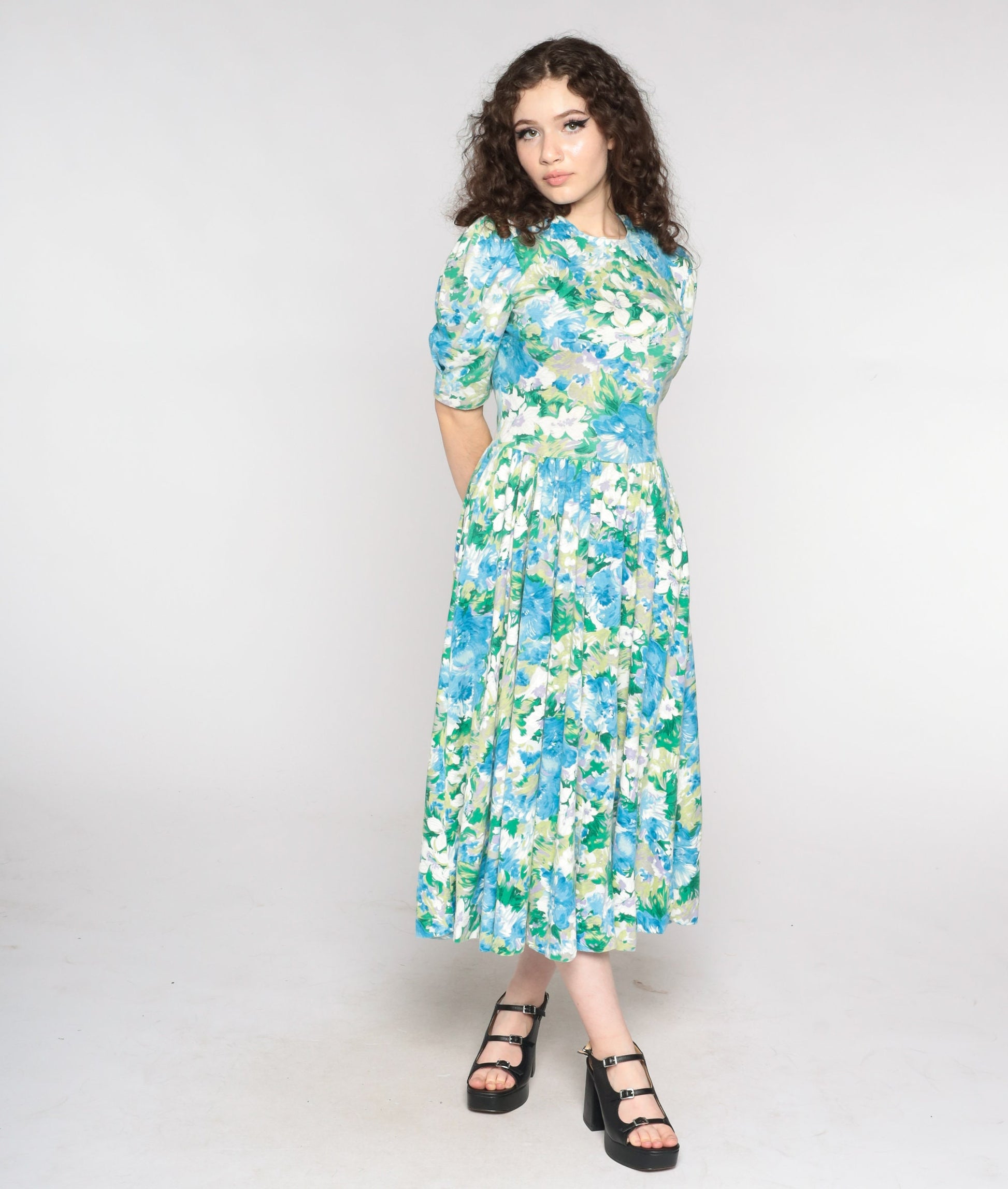 80s Floral Midi Dress Puff Sleeve Blue Green Watercolor Print Small Medium