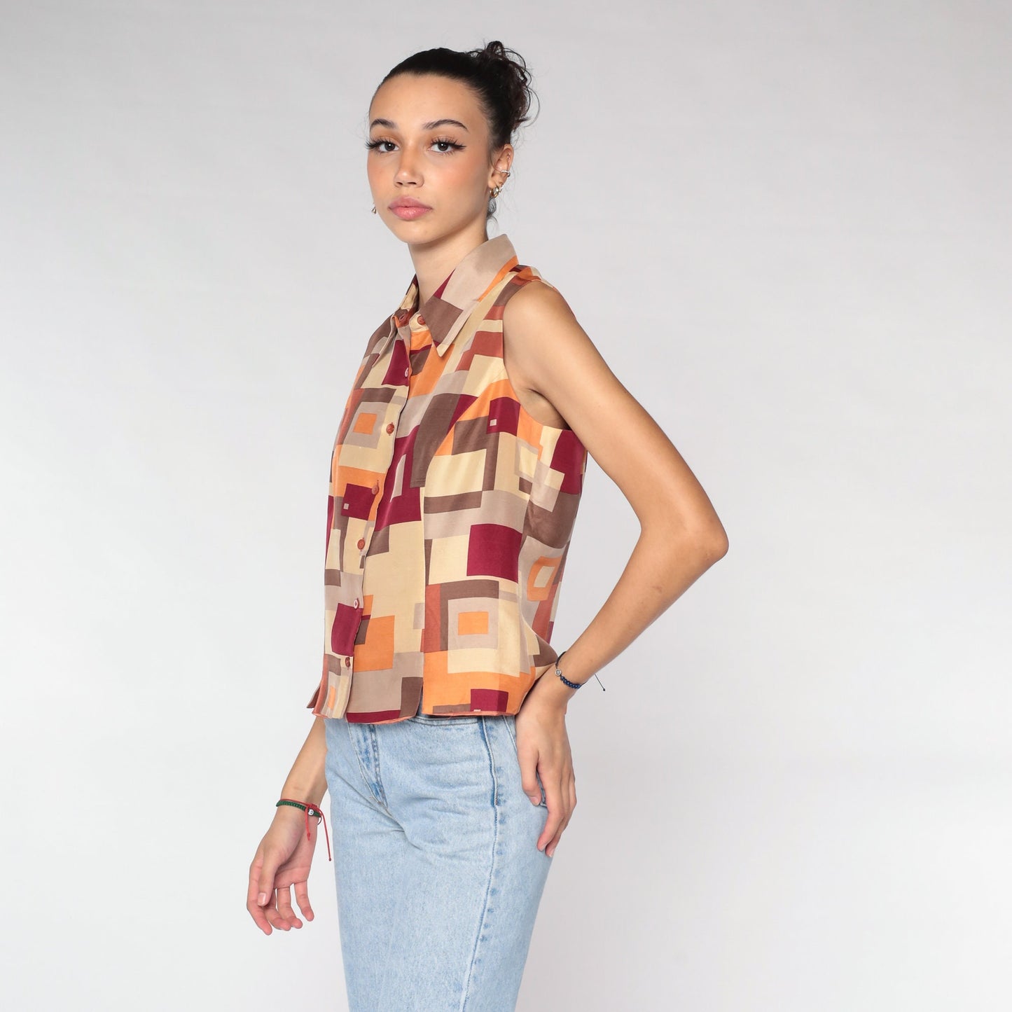 Y2K Silk Tank Top Geometric Square Print Brown Orange Medium M