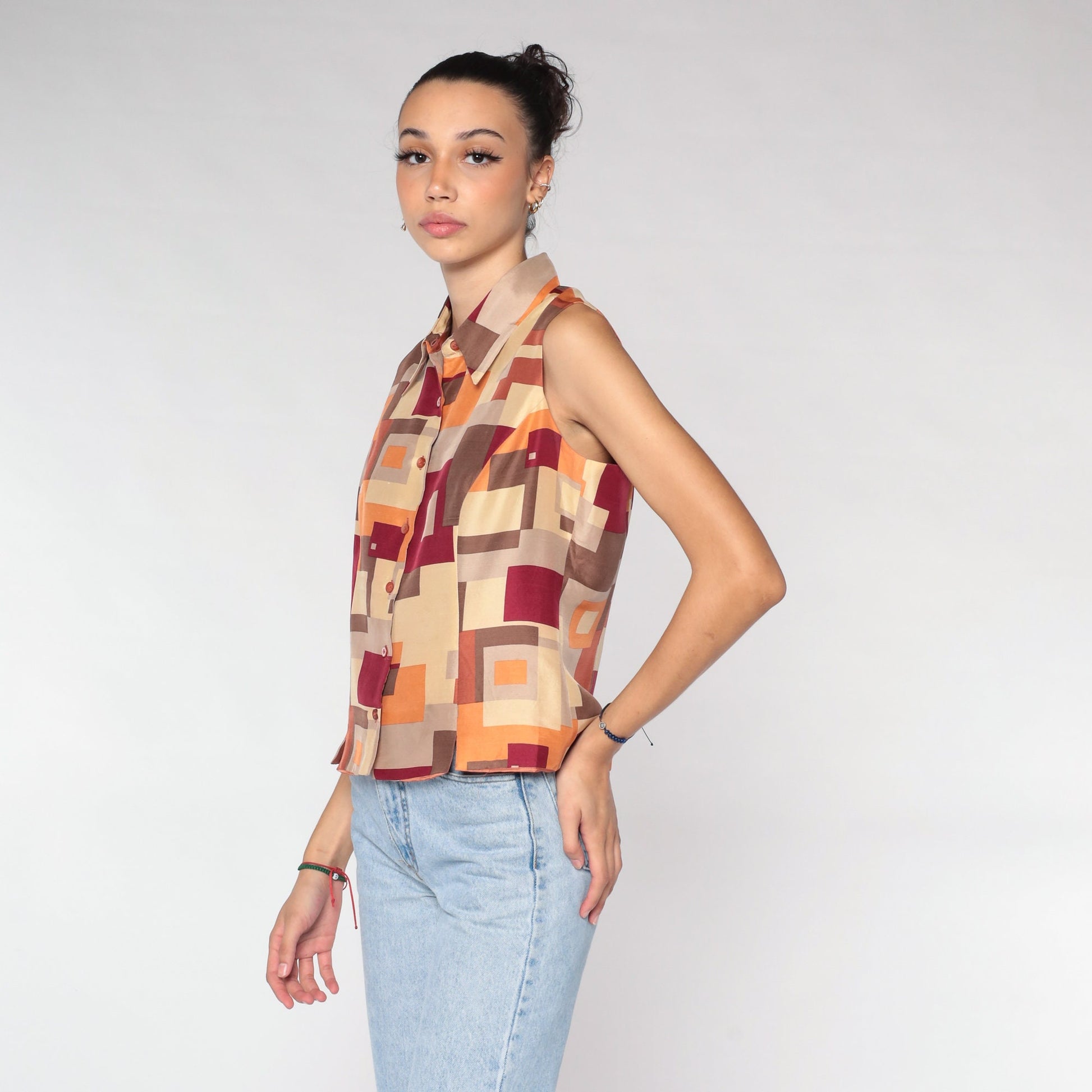 Y2K Silk Tank Top Geometric Square Print Brown Orange Medium M