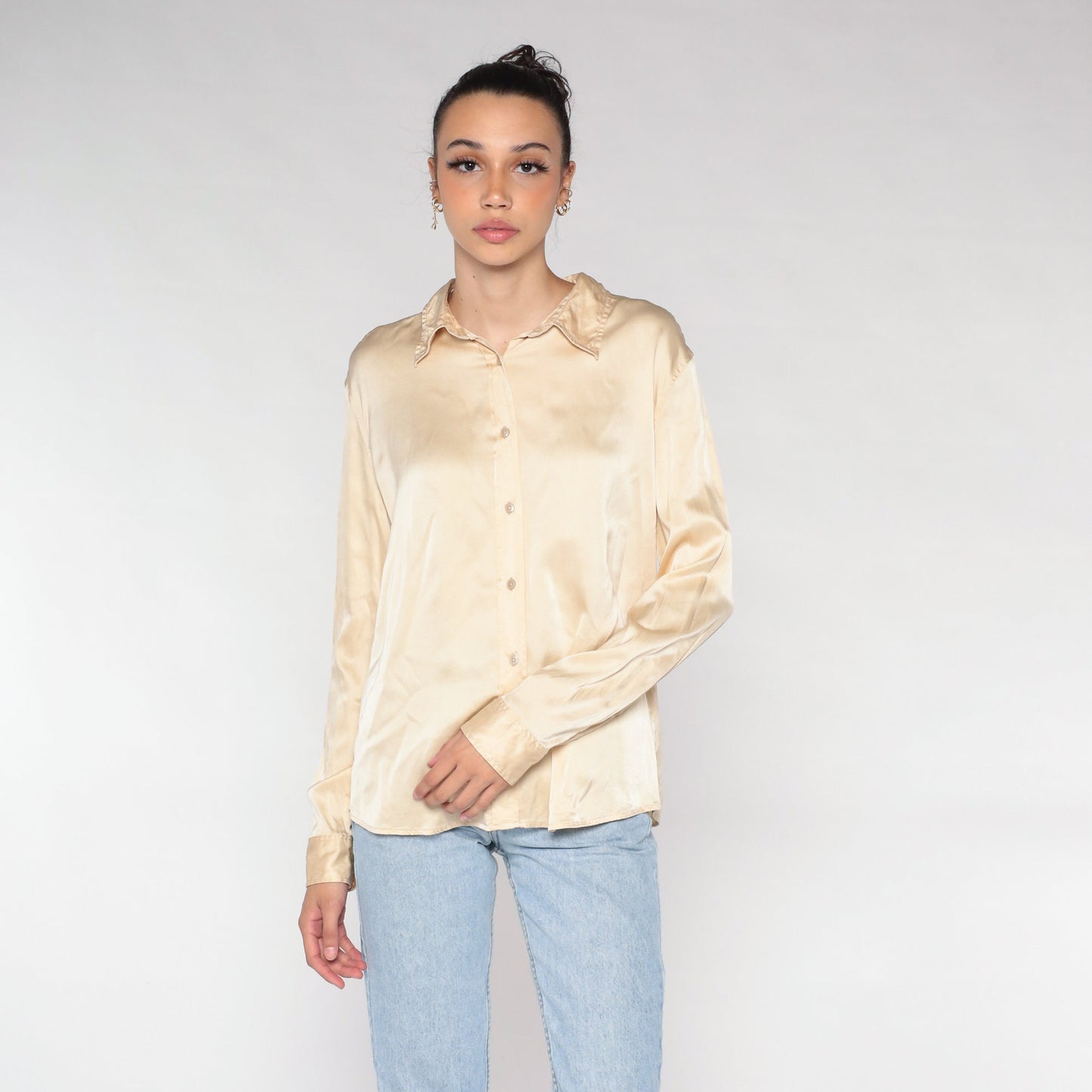 00s Gap Champagne Silk Button-Up Blouse Long Sleeve Collared Shirt Large L