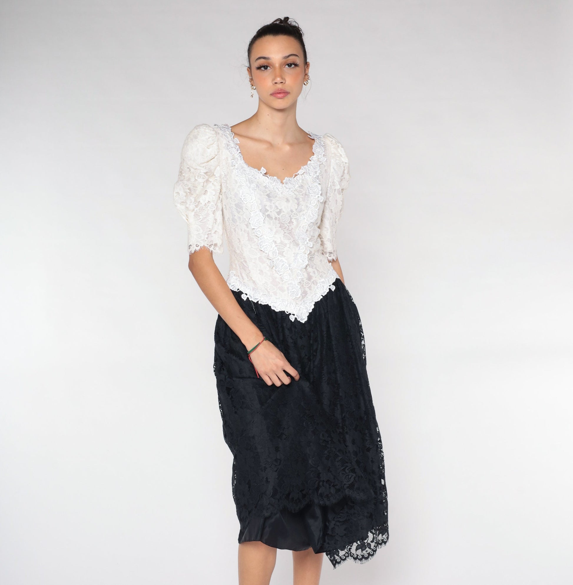 80s Black White Lace Midi Dress Puff Sleeve Basque Waist Small