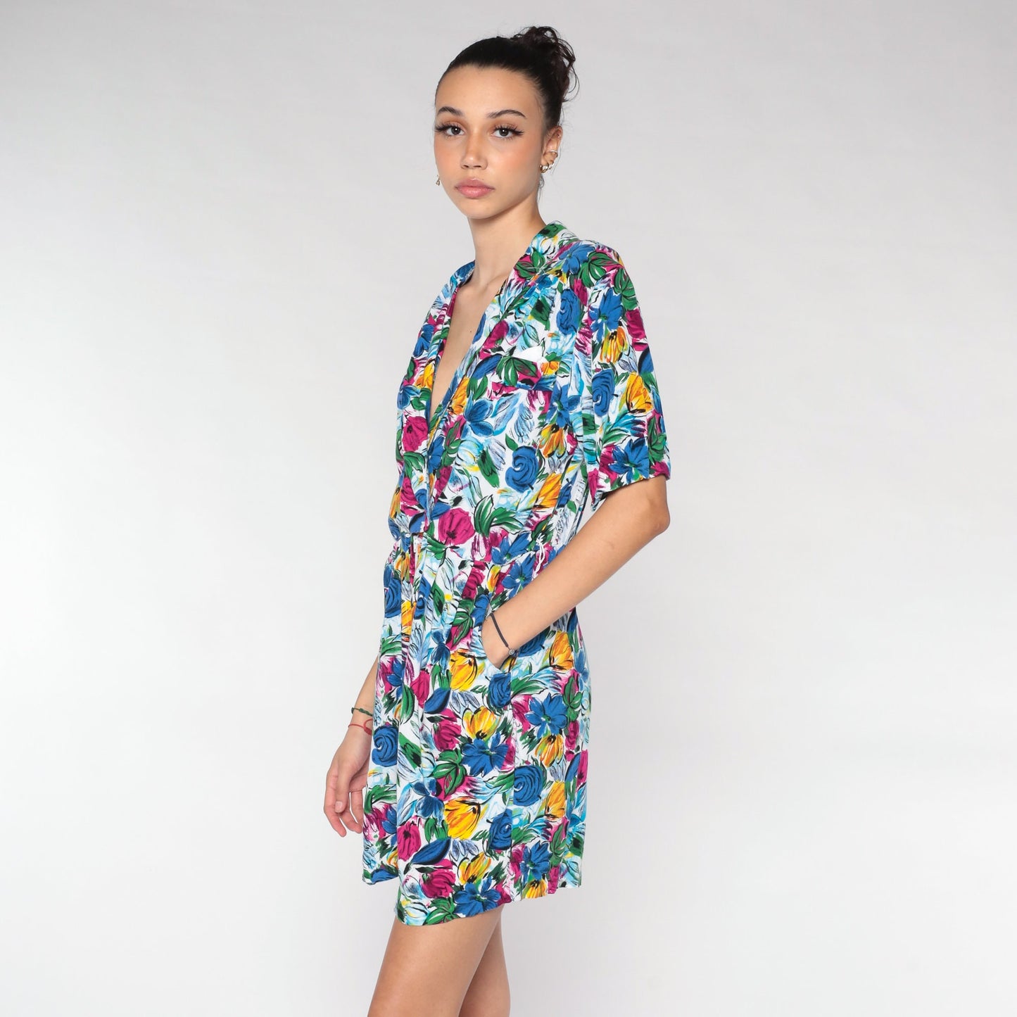 90s Blue Floral Rayon Romper Mini Playsuit V Neck Button Up Medium M