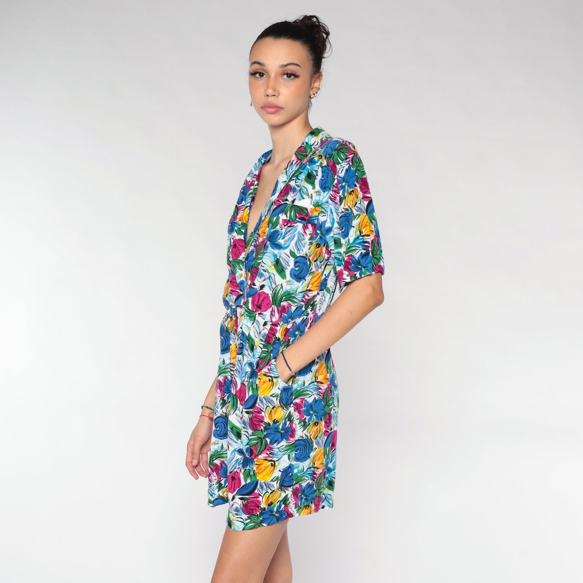 90s Blue Floral Rayon Romper Mini Playsuit V Neck Button Up Medium M