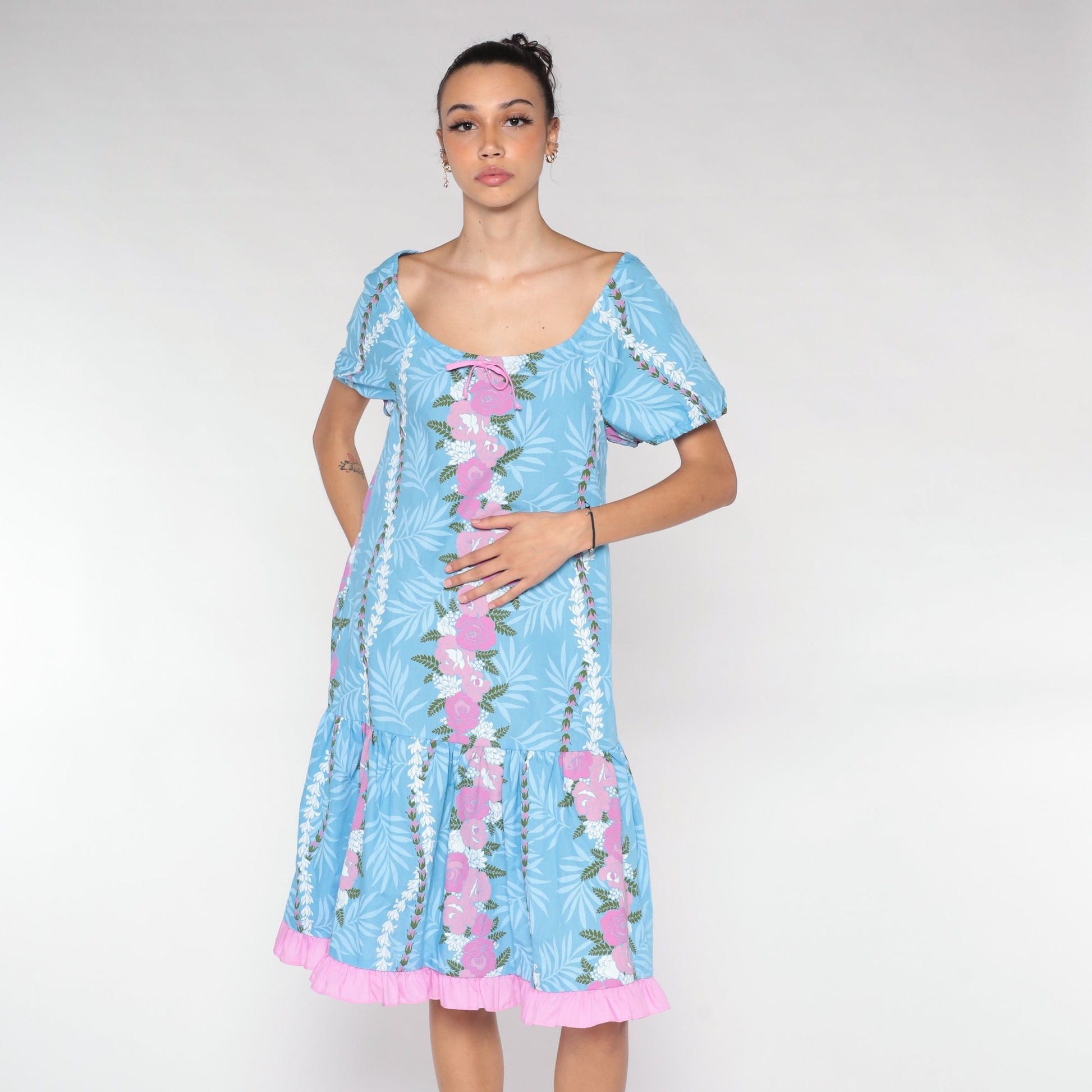 90s Blue Floral Midi Dress Pink Flower Fern Print Tent Cut Short Sleeve Extra Small