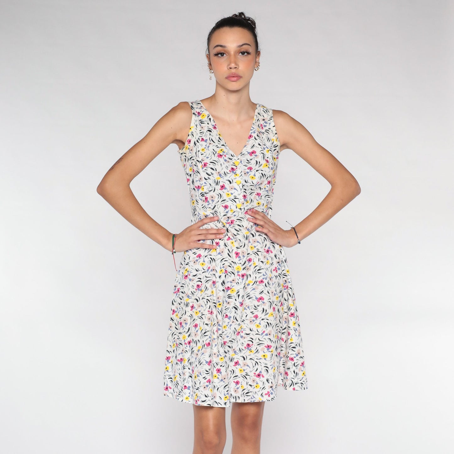 70s White Floral Mini Dress Sleeveless Button-Up A-Line V-Neck Extra Small