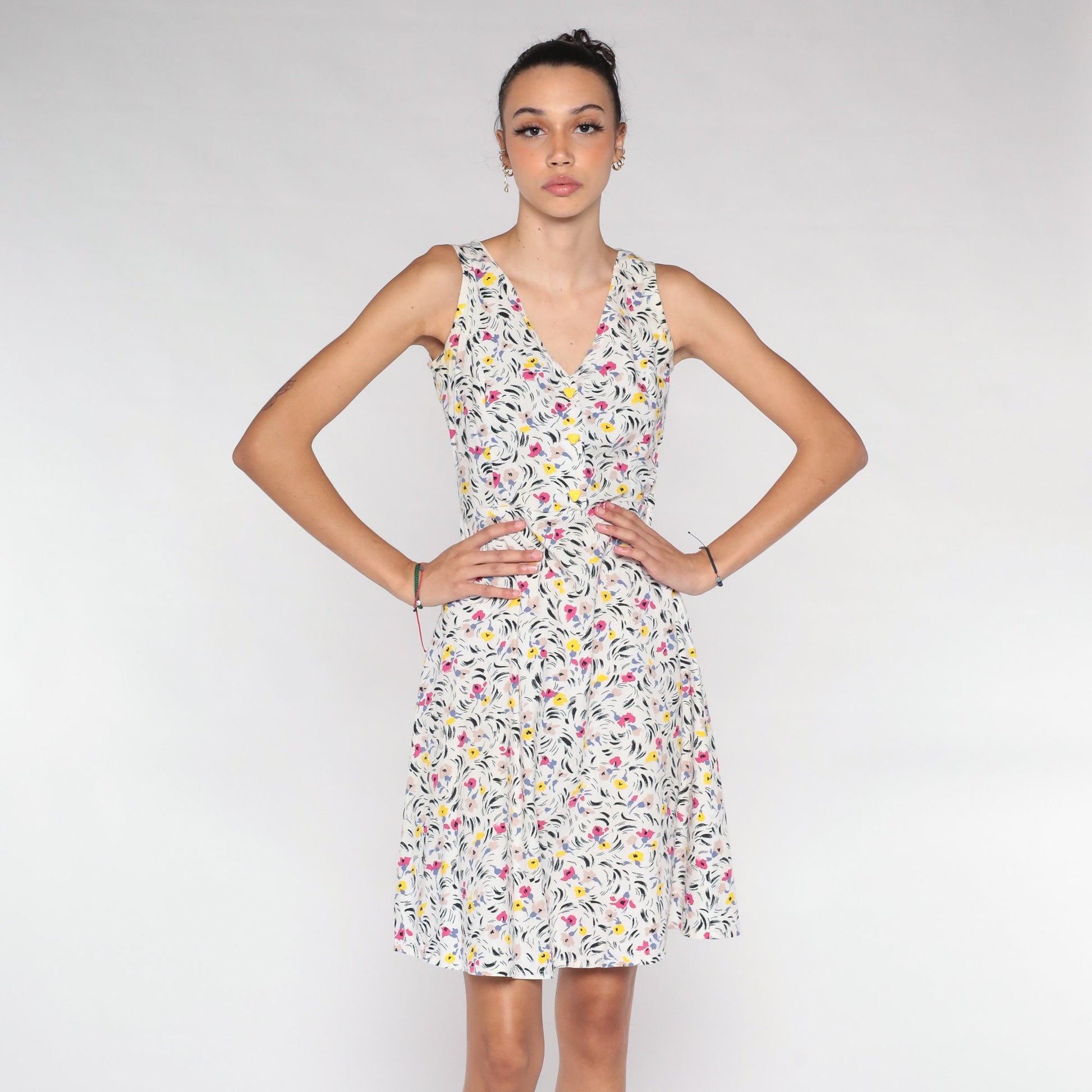 70s White Floral Mini Dress Sleeveless Button-Up A-Line V-Neck Extra Small