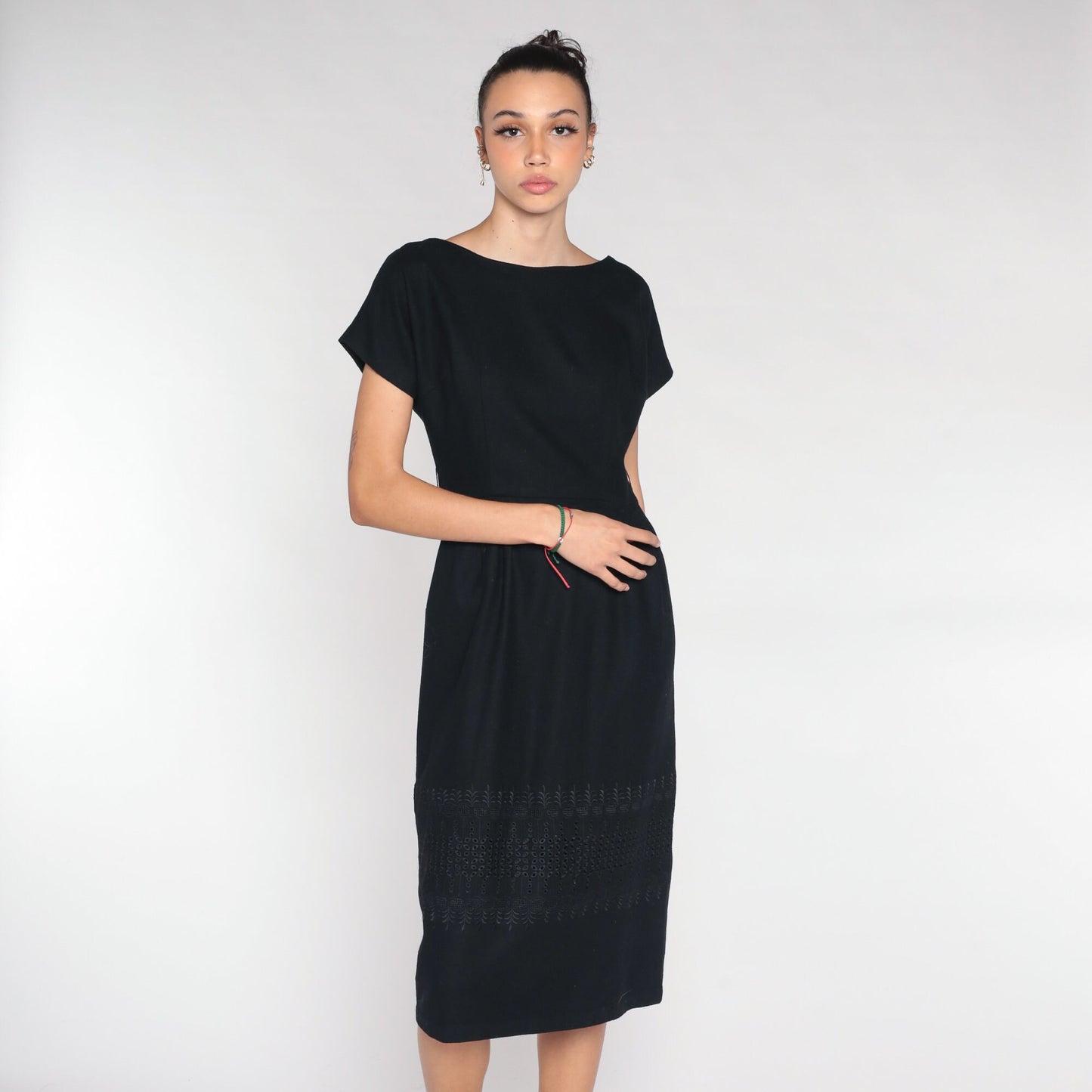 Black Wool Midi Shift Dress Cap Sleeve Embroidered 00s Small