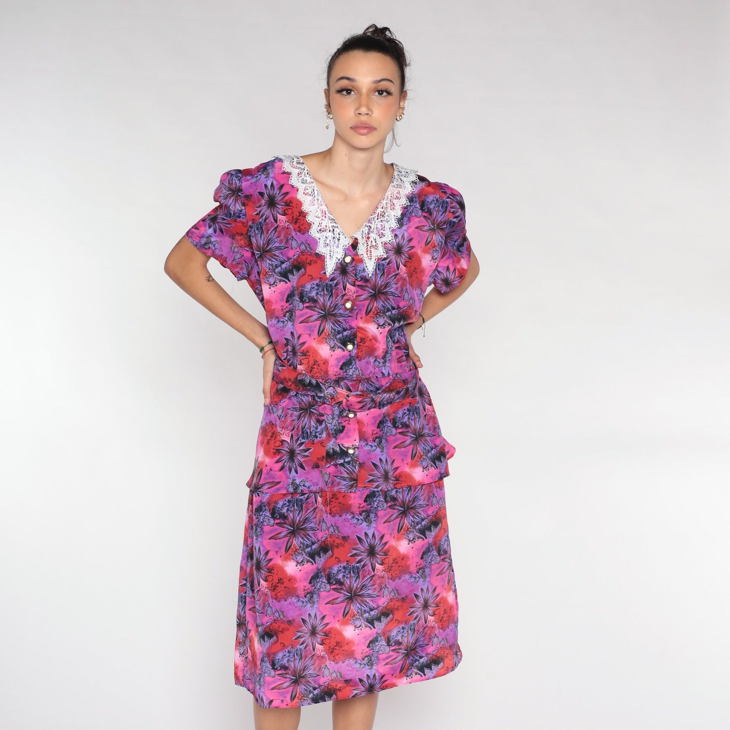 80s Floral Midi Dress Pink Purple Lace Collar Peplum Button-Up Medium