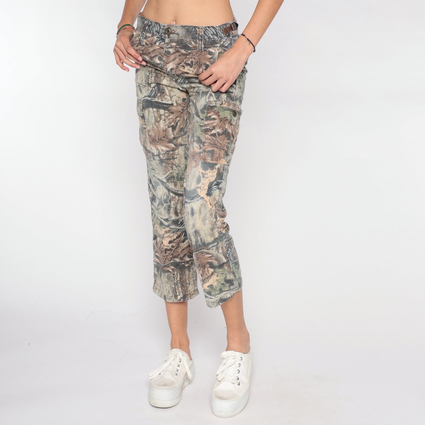 90s Camo Leaf Print Cropped Trousers Skinny Ankle Brown Extra Small