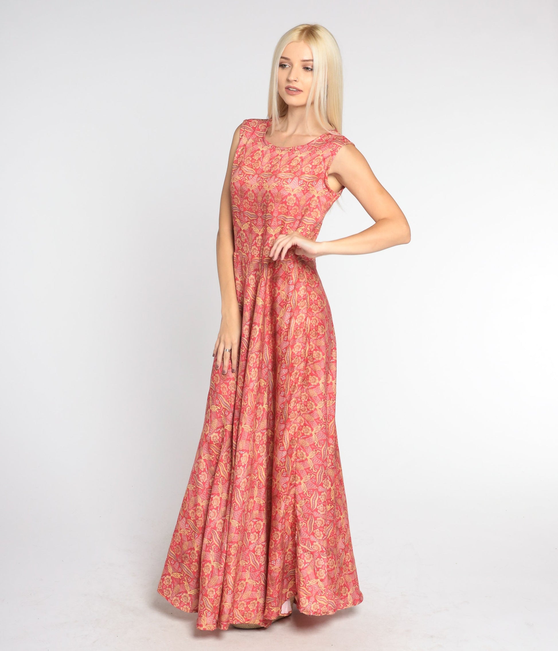 00s Red Gold Floral Maxi Dress Sleeveless High Waist Flared Skirt Medium