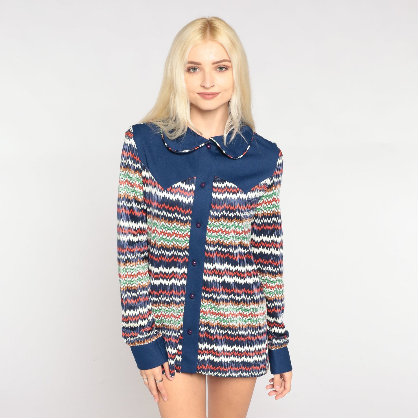 70s Navy Zig Zag Striped Button Up Blouse Peter Pan Collar Long Sleeve Small