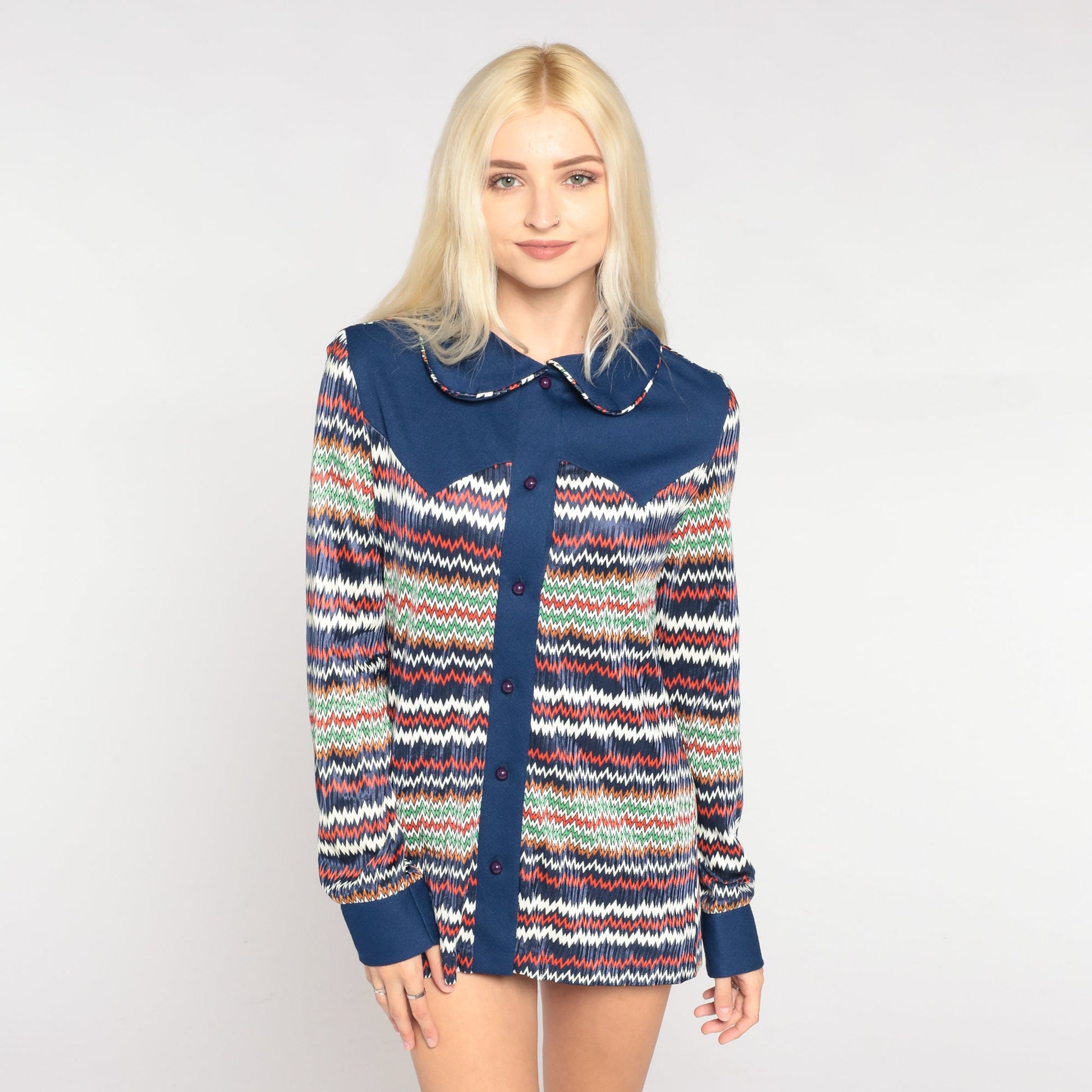 70s Navy Zig Zag Striped Button Up Blouse Peter Pan Collar Long Sleeve Small