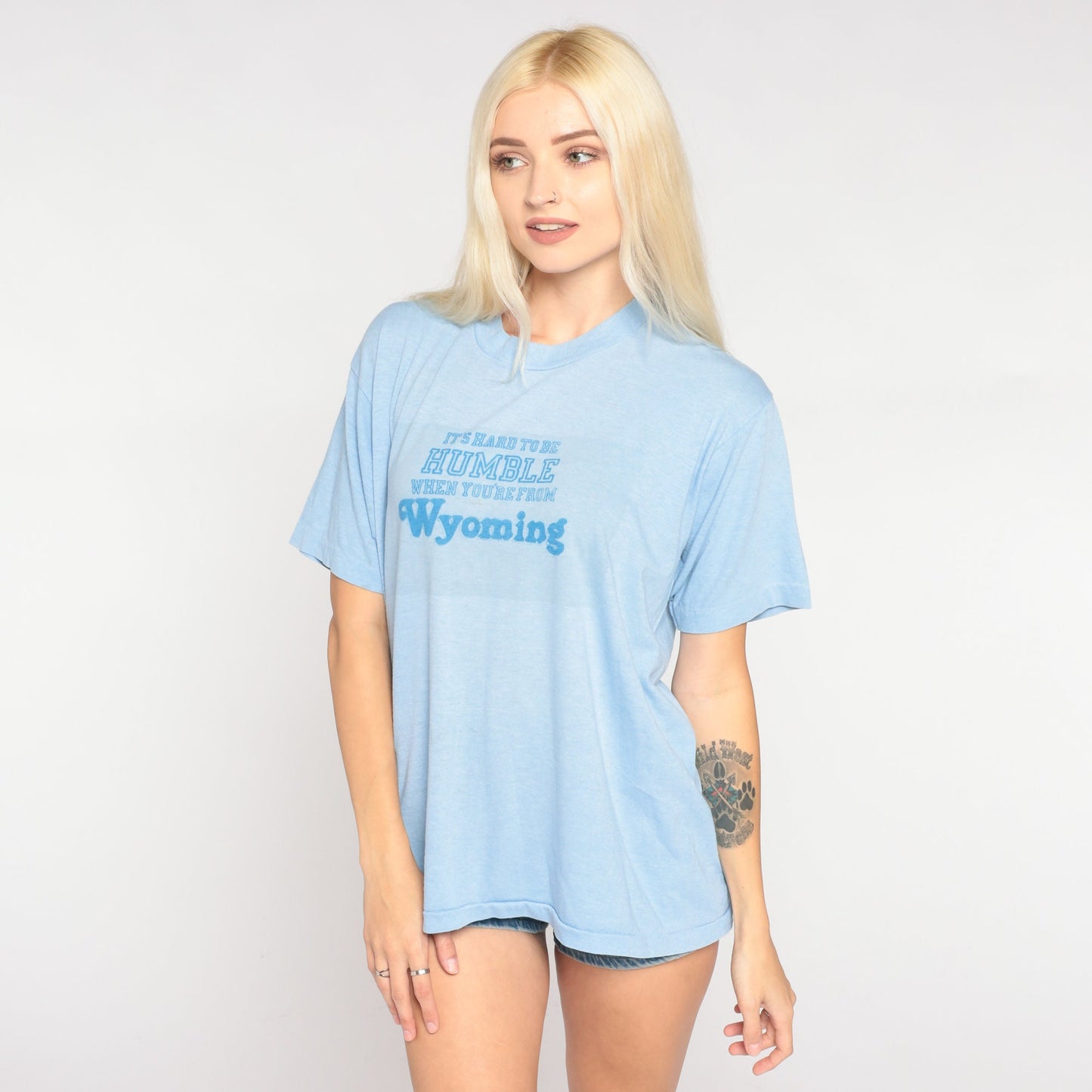 80s Wyoming Graphic T-Shirt Baby Blue Single Stitch Tee Large L