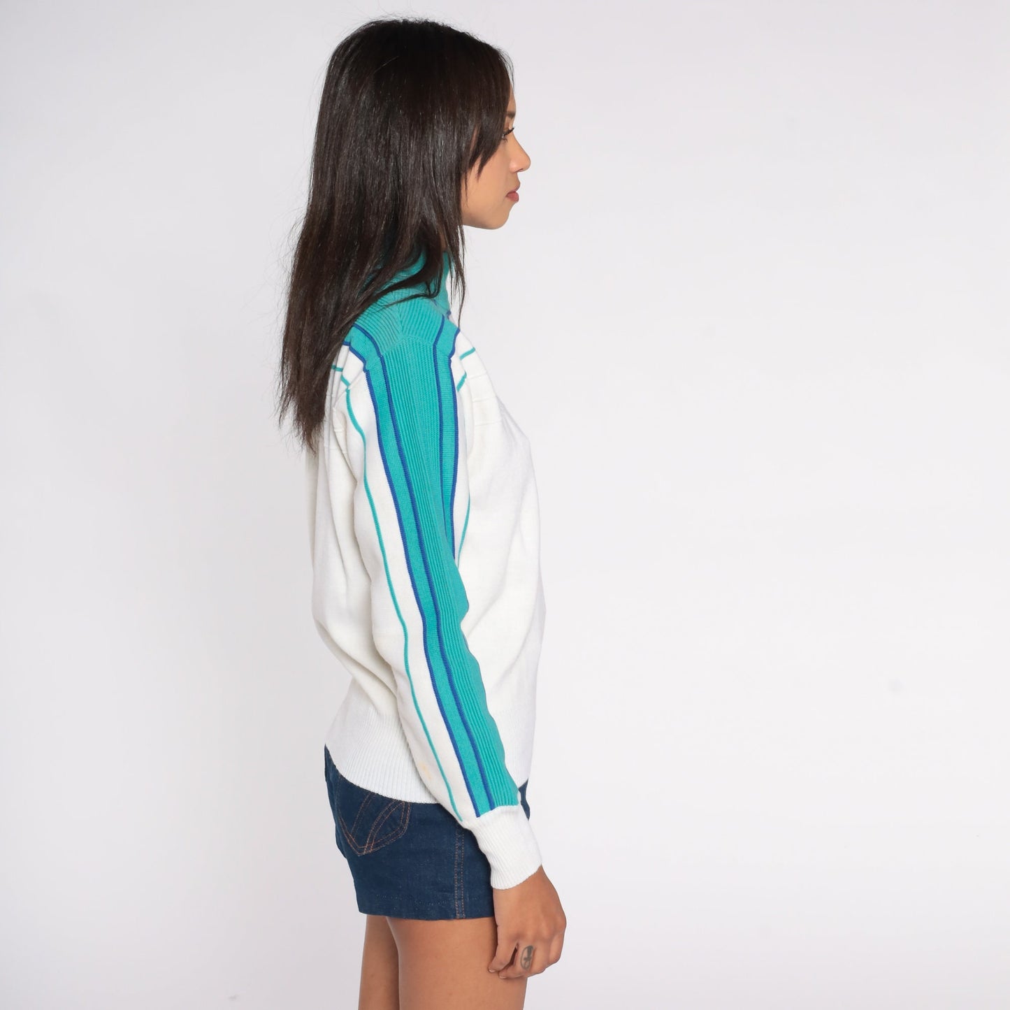80s Meister Quarter Zip Sweater White Wool Blend Striped Knit Small S